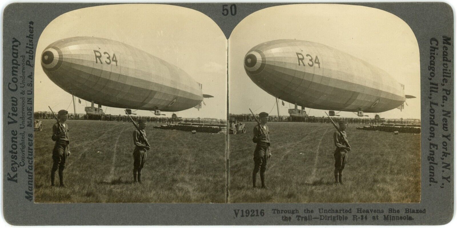 c1900's Keystone Real Photo Stereoview Card Soldiers Dirigible R-34 at Minneola