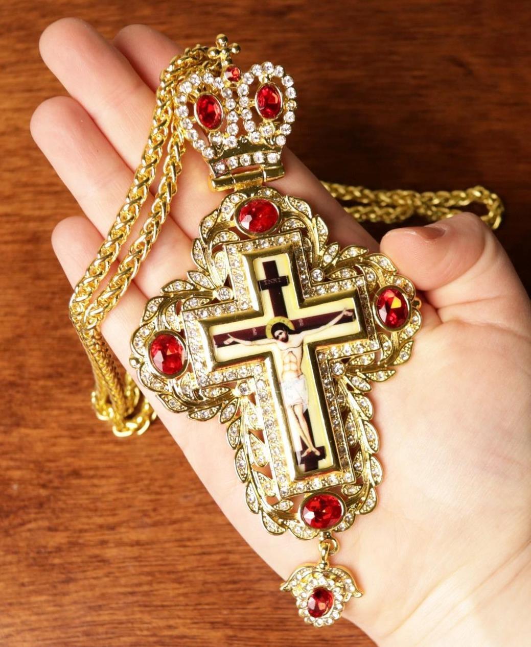 Ornate Vine Crown Gold Plated Bishops Vintage Pectoral Cross Crucifix with Chain