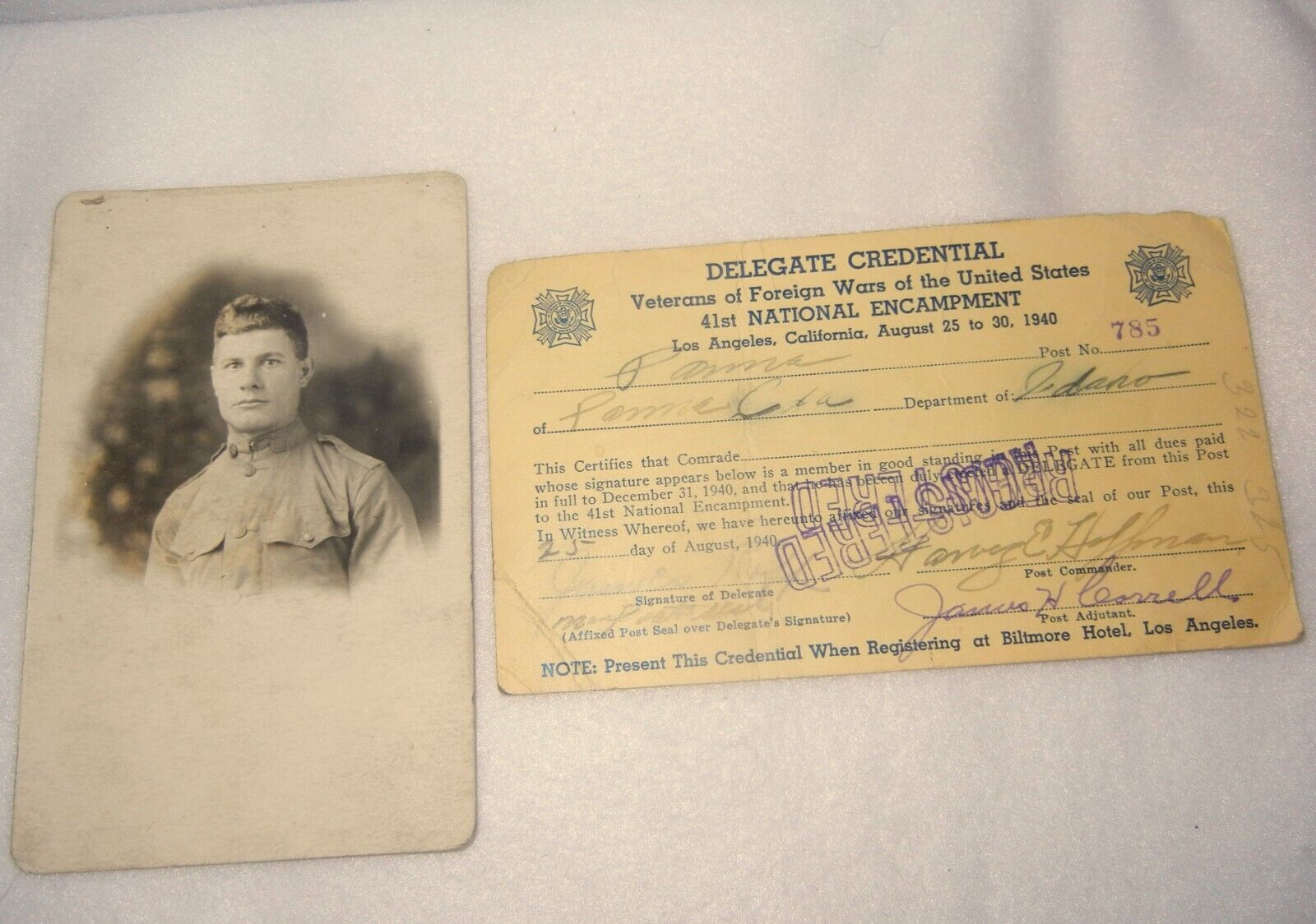 WWI U. S. Army Photo of James F Roff of Parma Id. + 1940 VFW Delegate Credential