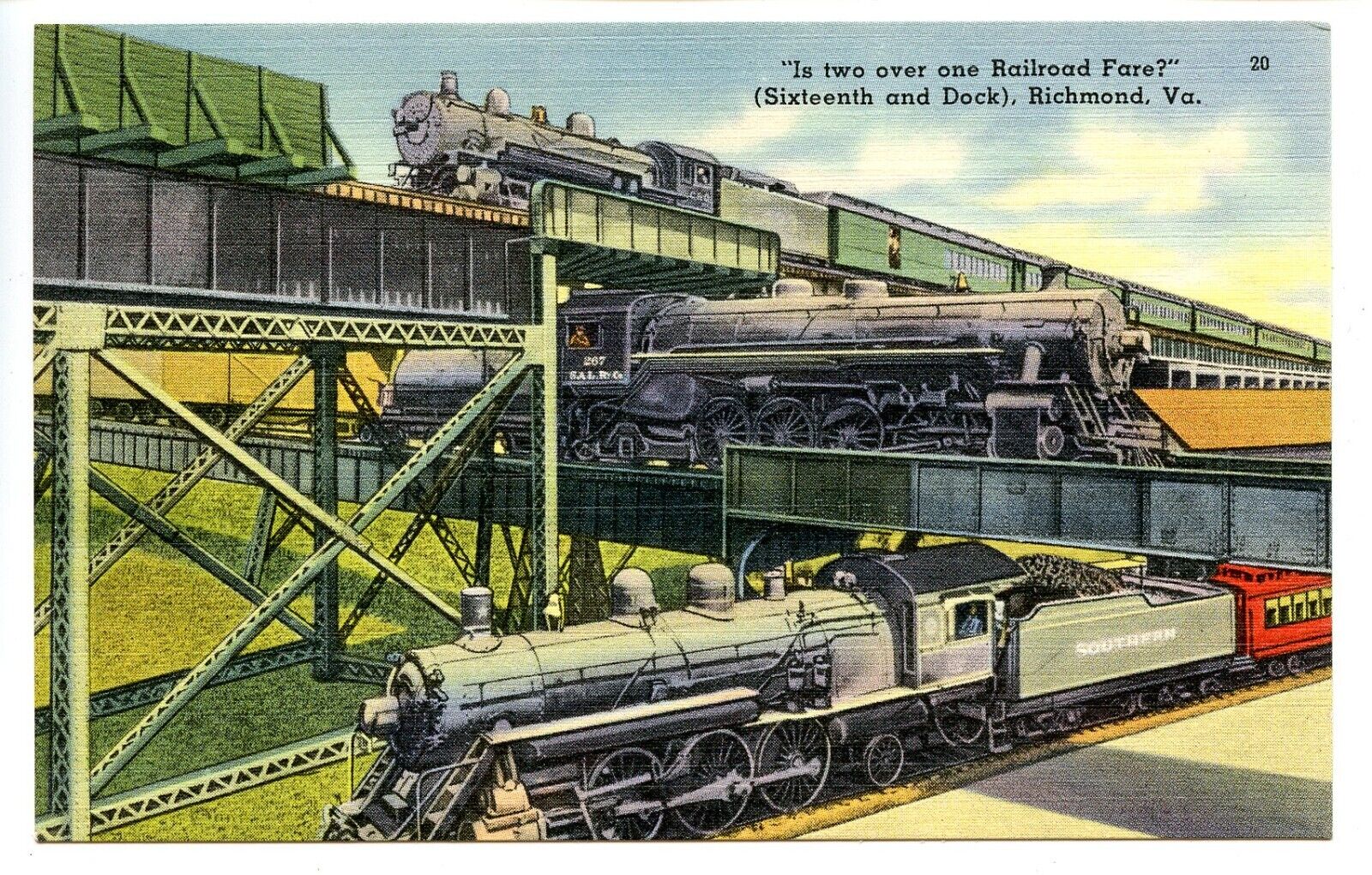 Richmond Virginia VA - Three Locomotive Trains Crossing Above and Below Postcard