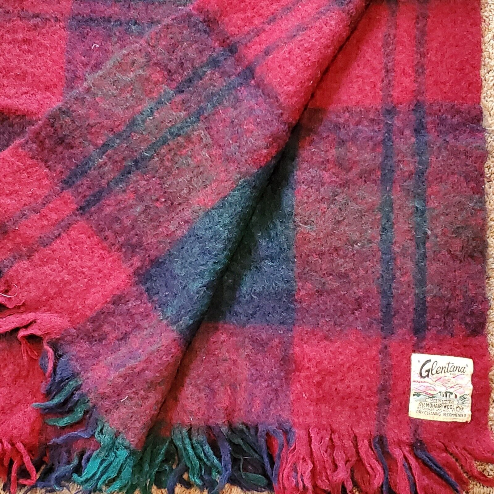 Vintage 1960s Glentana Mohair Wool Pile Blanket Throw Plaid 64x46 Inch