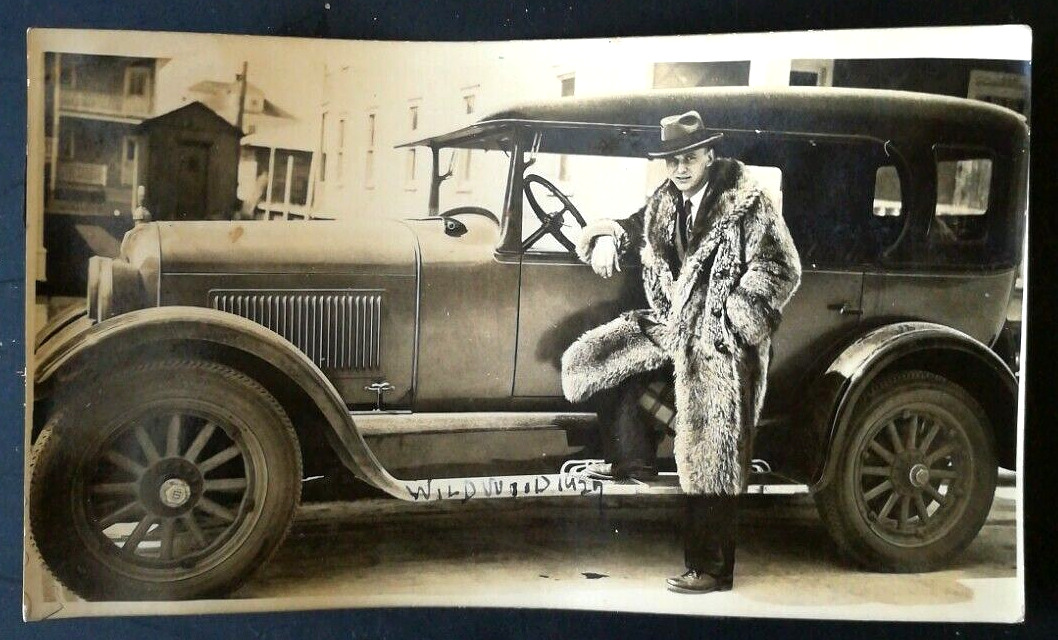 C. 1920s Handsome Man Fur Coat Hat /Studebaker Auto Original Photo