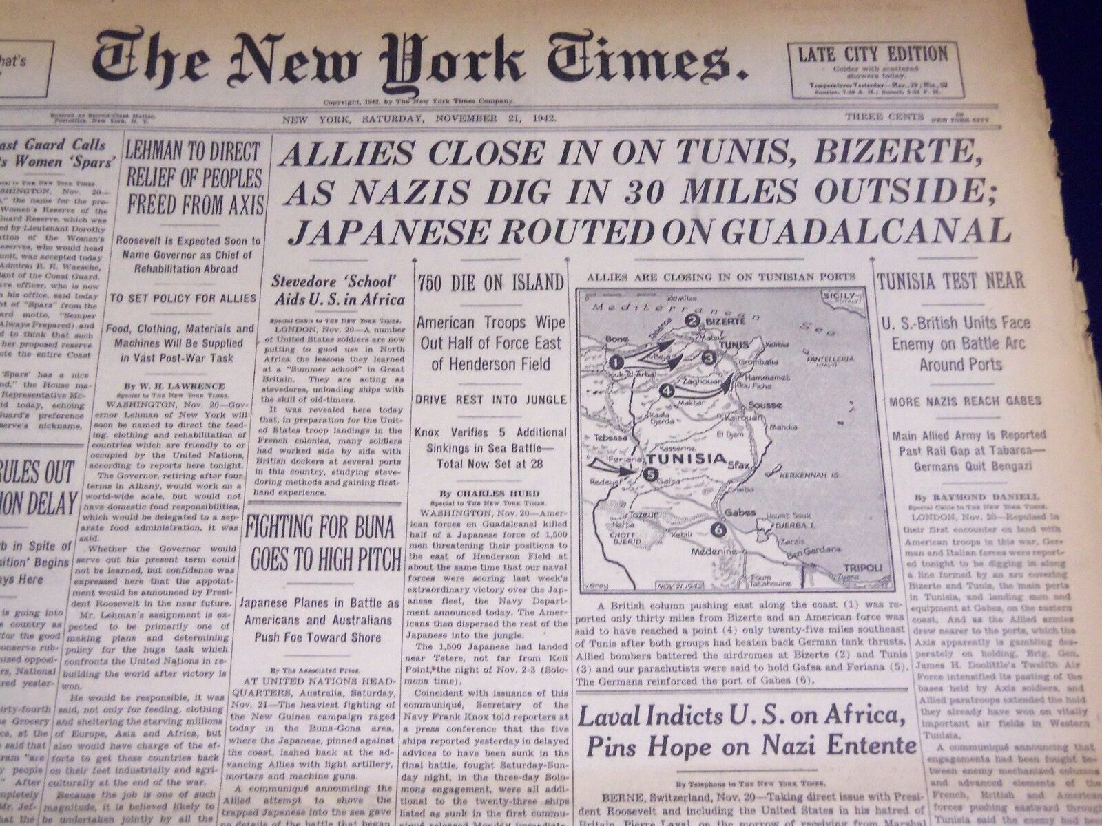 1942 NOVEMBER 21 NEW YORK TIMES - ALLIES CLOSE IN TUNIS, BIZERTE - NT 1201