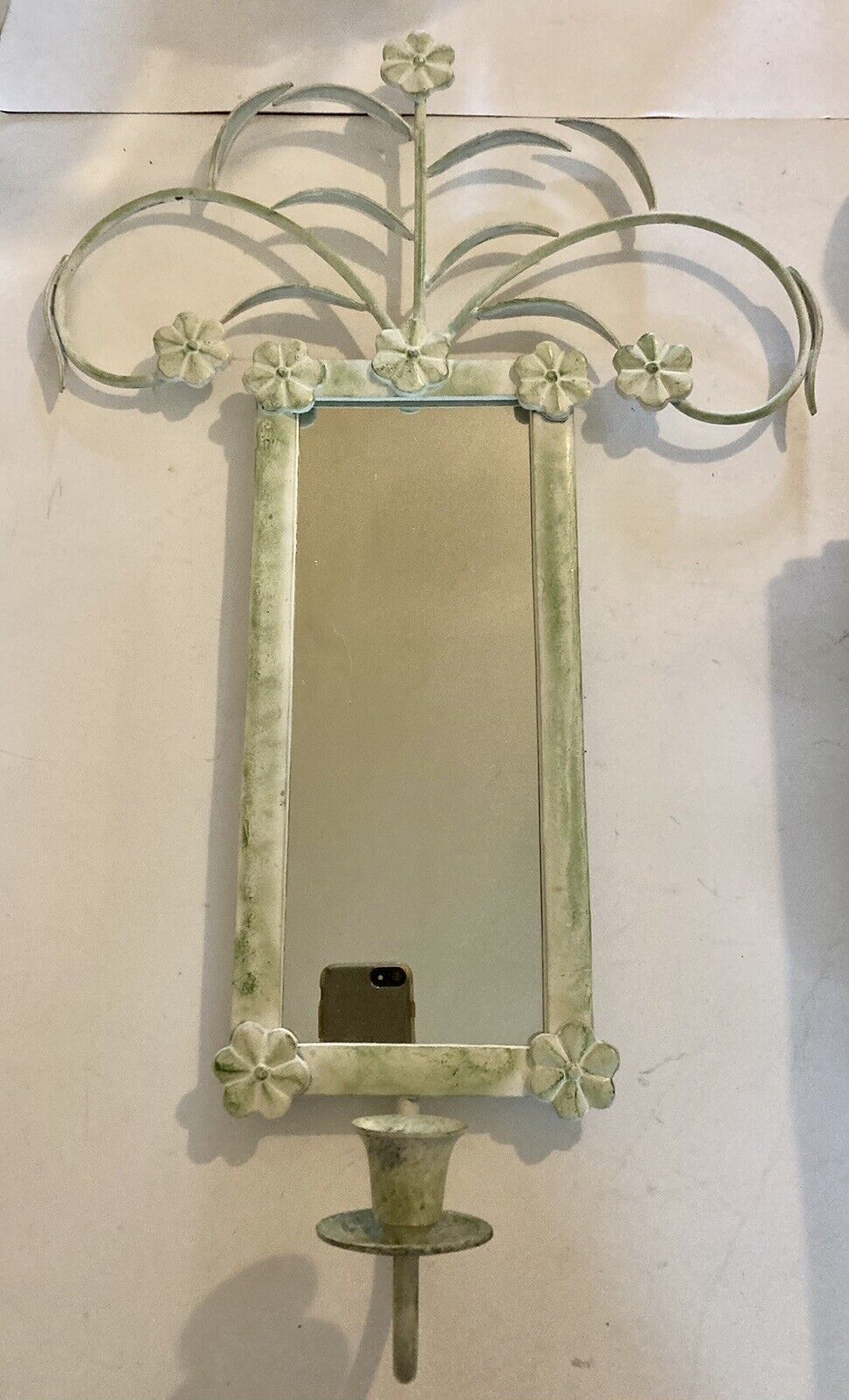 Vintage 21”H x 13”W Heavy Metal Mirrored Green Wall Candle Holder/Sconce - India