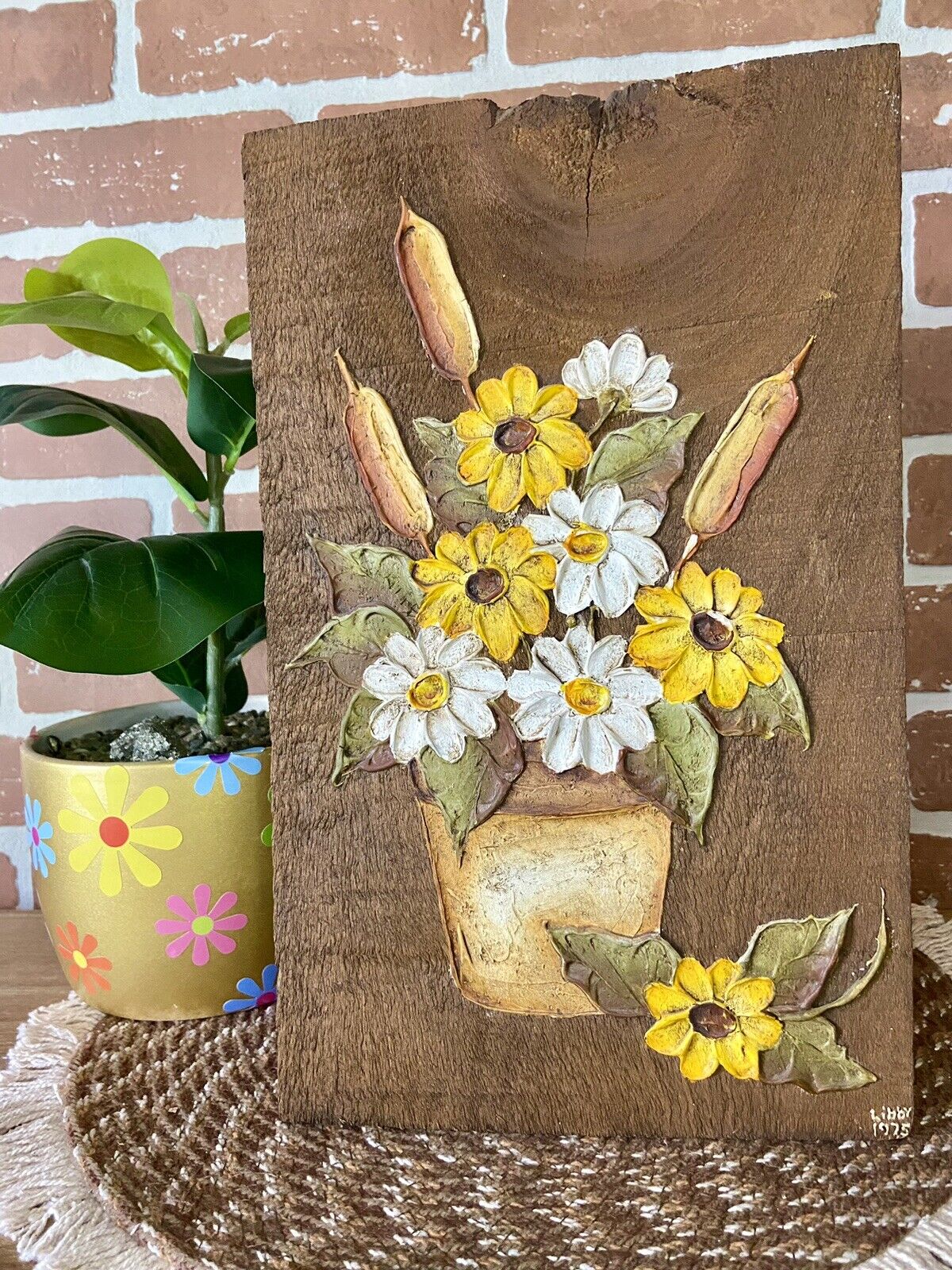 Vintage 1975 Handmade Floral Daisy 3D Raw Wood Wall Plaque Yellow Brown White