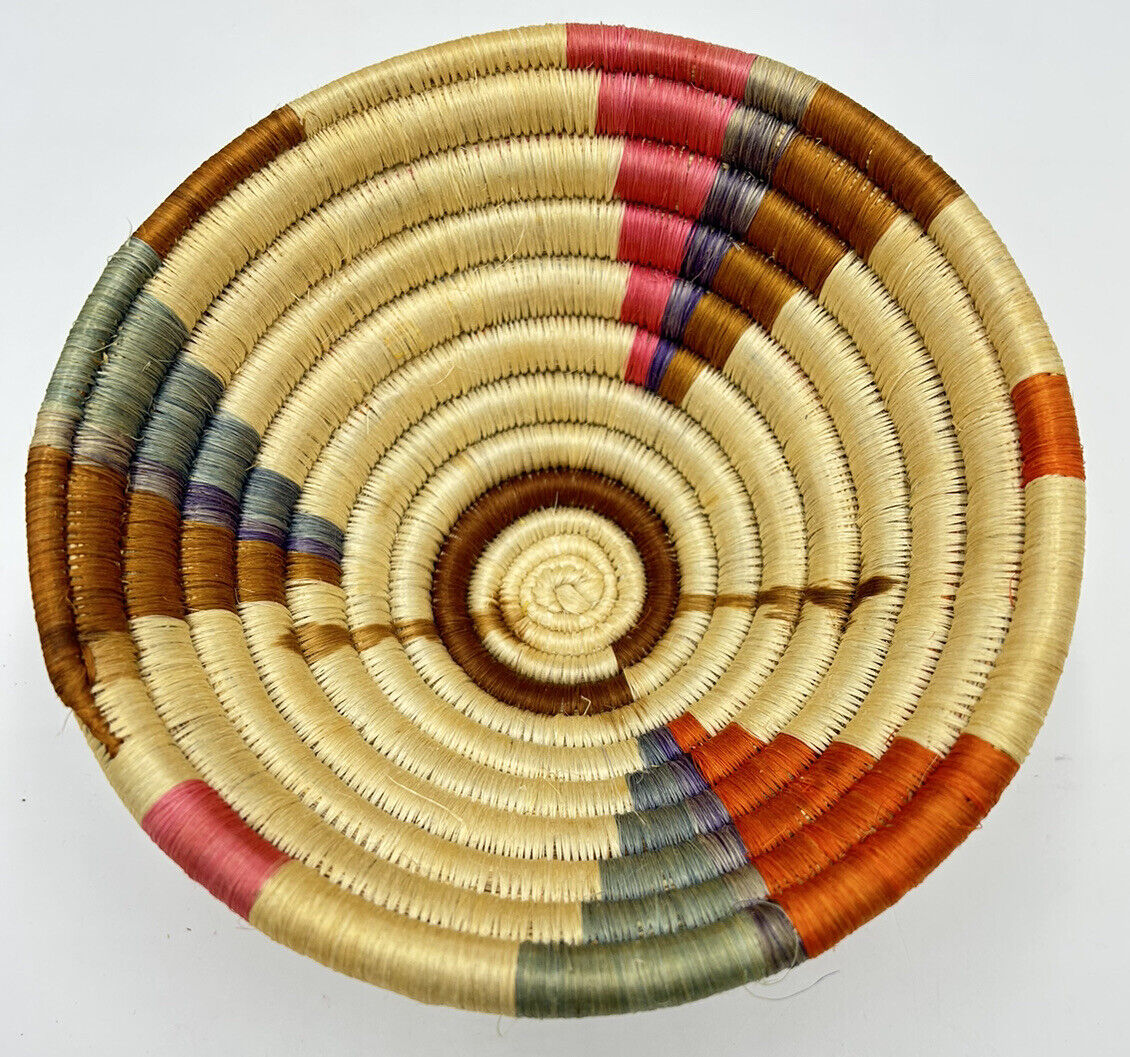 Hand Made Basket 7” Round Bowl Woven Coiled Colorful