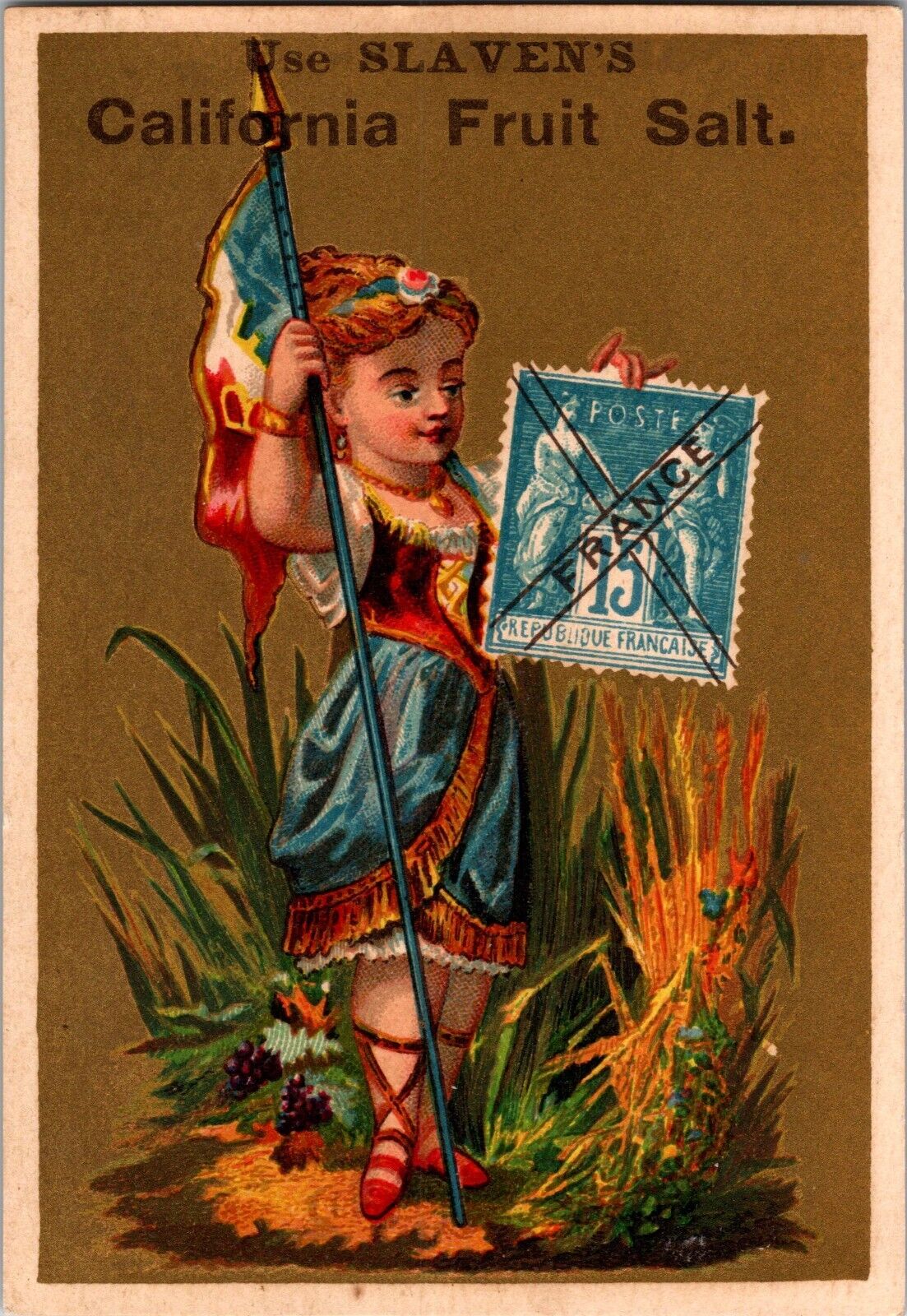 1800s Victorian Trade Card Slaven\'s California Fruit Salt French Girl Flag Stamp