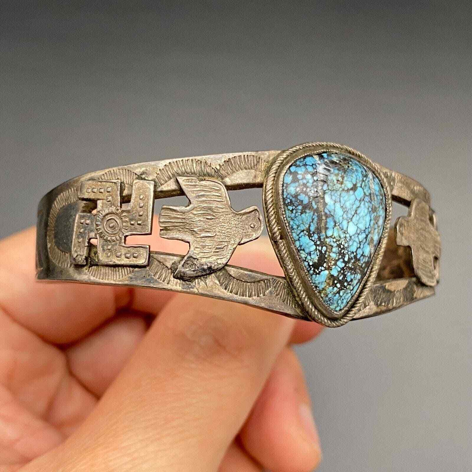 Vintage Navajo Thunderbird Whirling Log Turquoise Silver Bracelet Cuff 6-5/8\