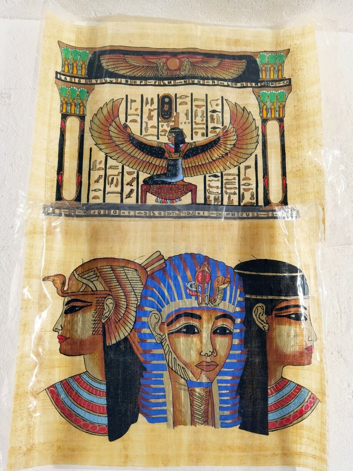 2 HAND PAINTED EGYPTIAN ART ON PAPYRUS Egypt with Beautiful Carrying Case
