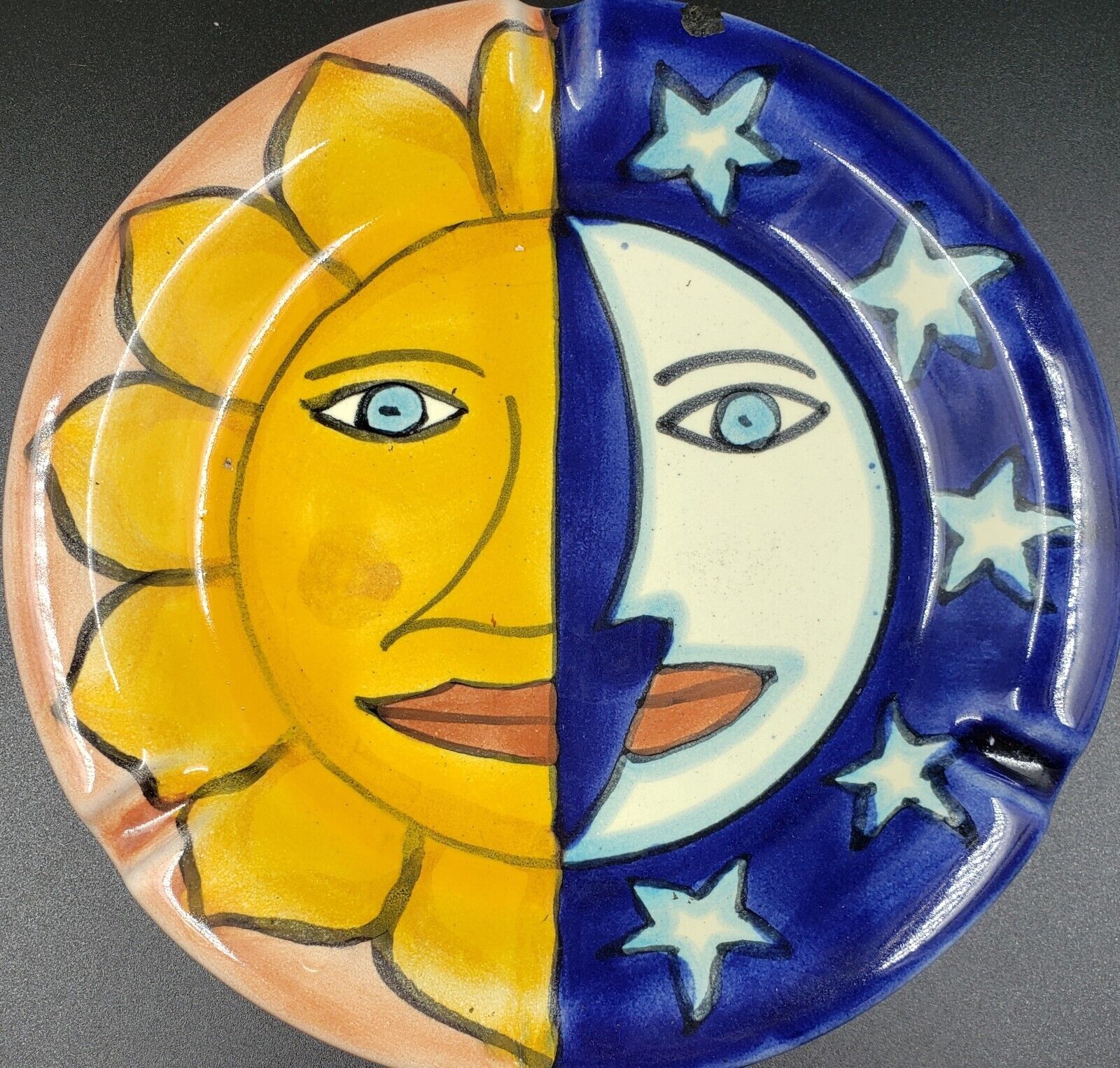 Vtg Mexican Talavera Celestial Sun Moon Ceramic Shallow Bowl/Ashtray Folk Art 7\