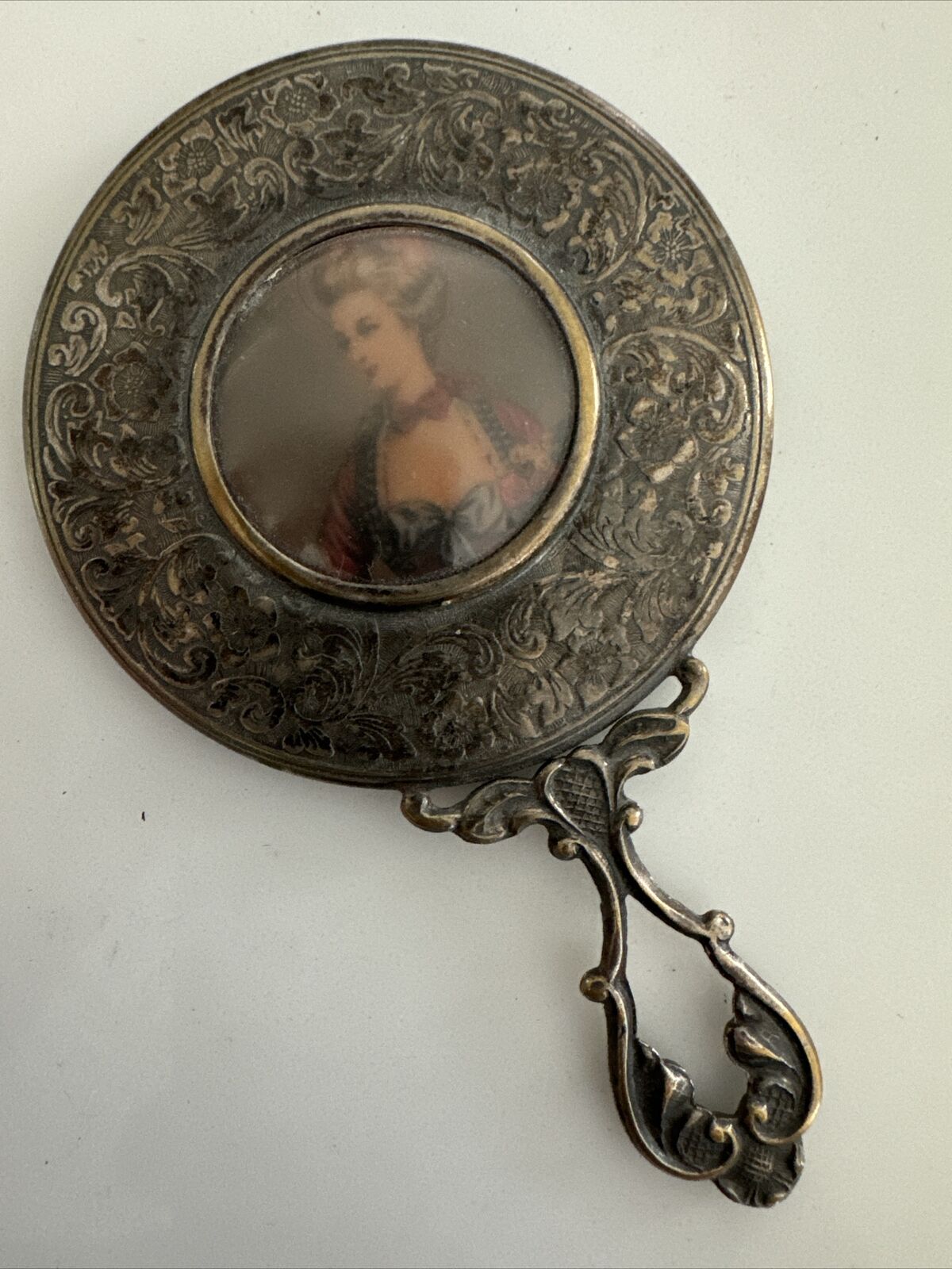 Vintage Miniature Portrait of Woman Silverplate Hand Mirror 4.5” [2.5” Diameter]