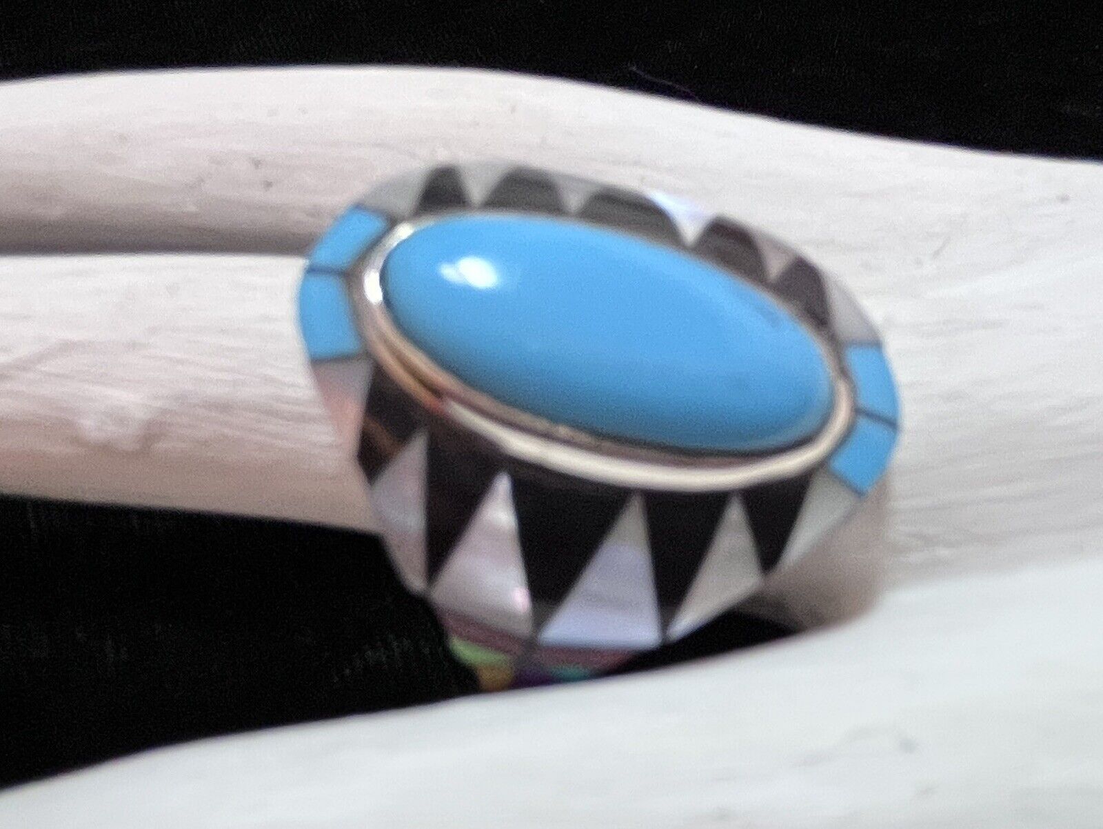 Navajo Sterling Sleeping Beauty Turquoise Onyx Shell Ring #950 SIGNED