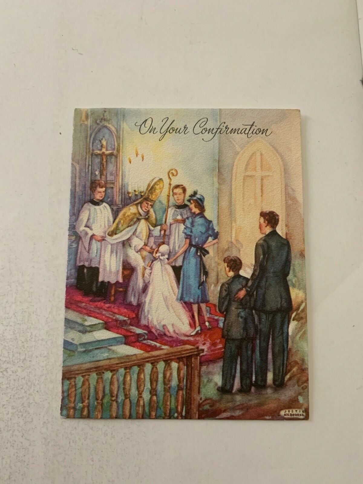 Vintage 1940\'s Confirmation Greeting Card People in Church