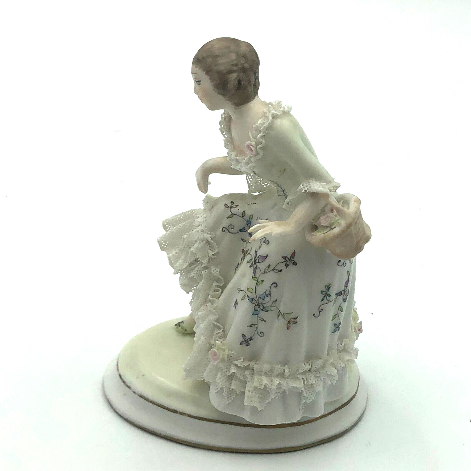 Vintage Figurine Woman Lady porcelain dresden lace dress Basket ARG Signed 181