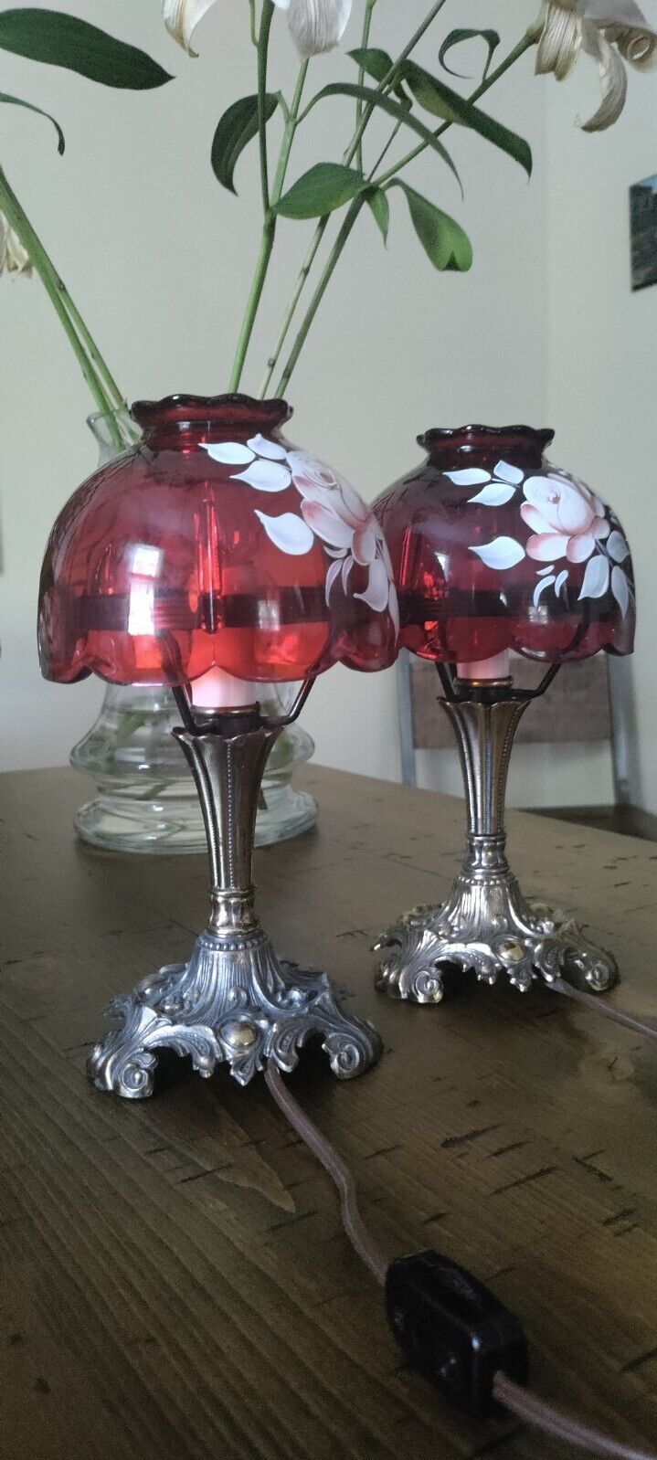 Pair Lamps hand painted signed , crystal , Westmoreland LL WMC 