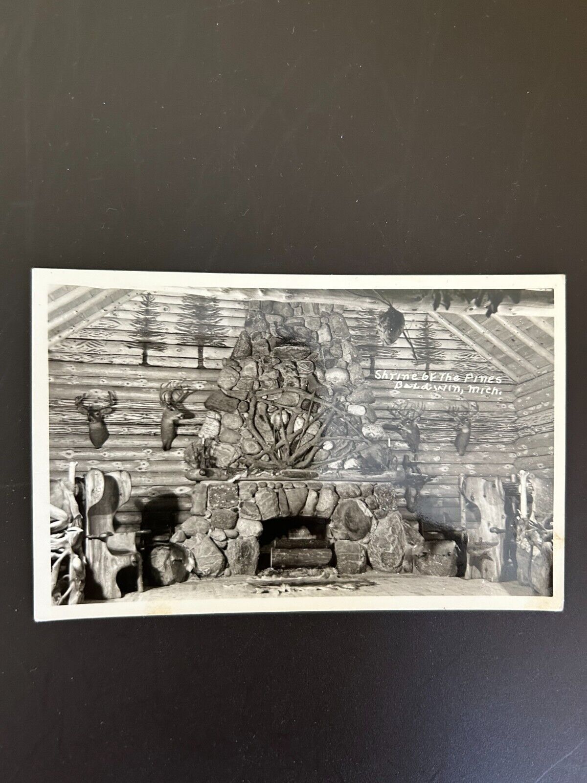 Shrine of the Pines Fireplace Baldwin,MI RPPC Postcard