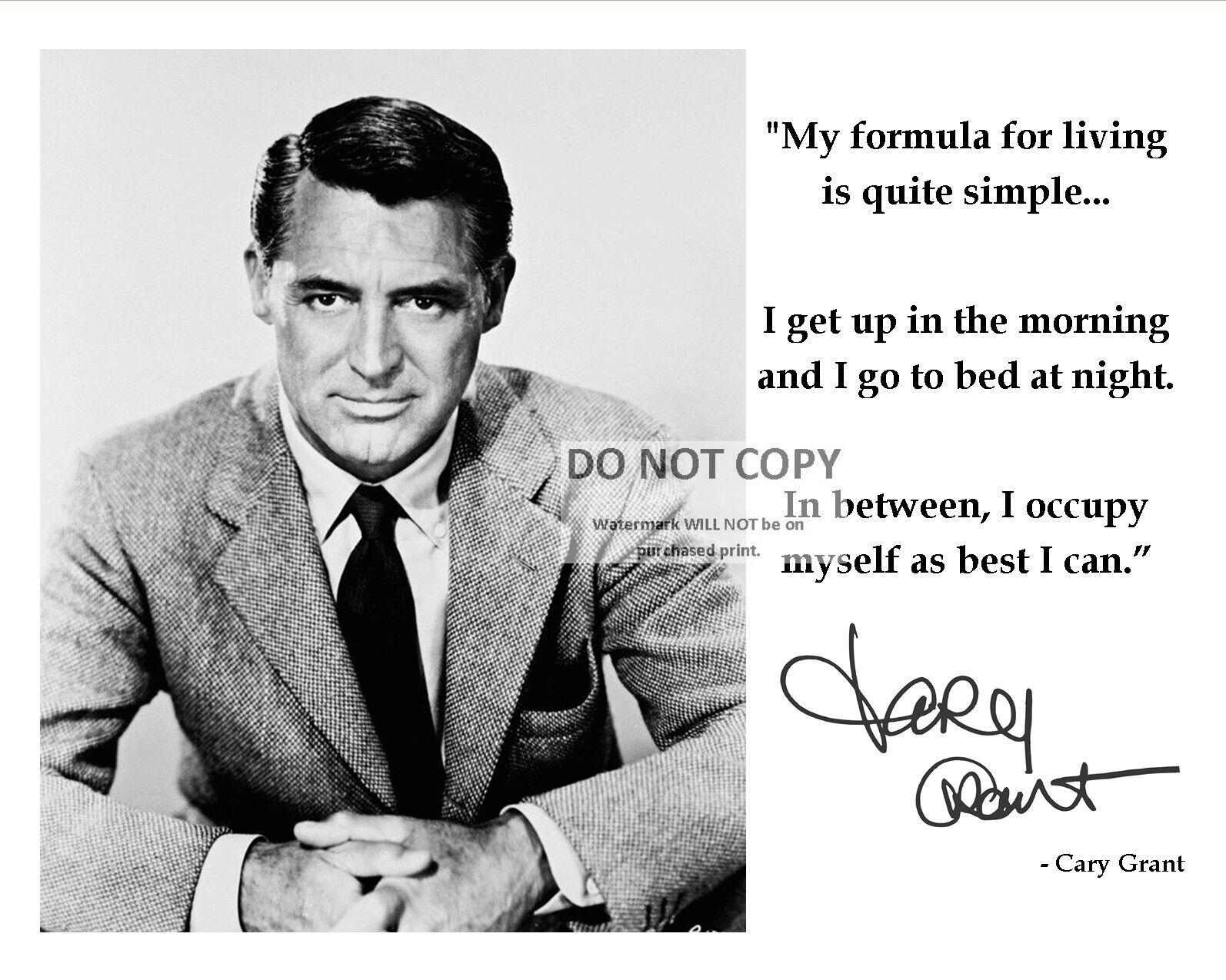 CARY GRANT PHOTO WITH FORMULA FOR LIVING QUOTE & *SIGNATURE - 8X10 PHOTO (PQ082)