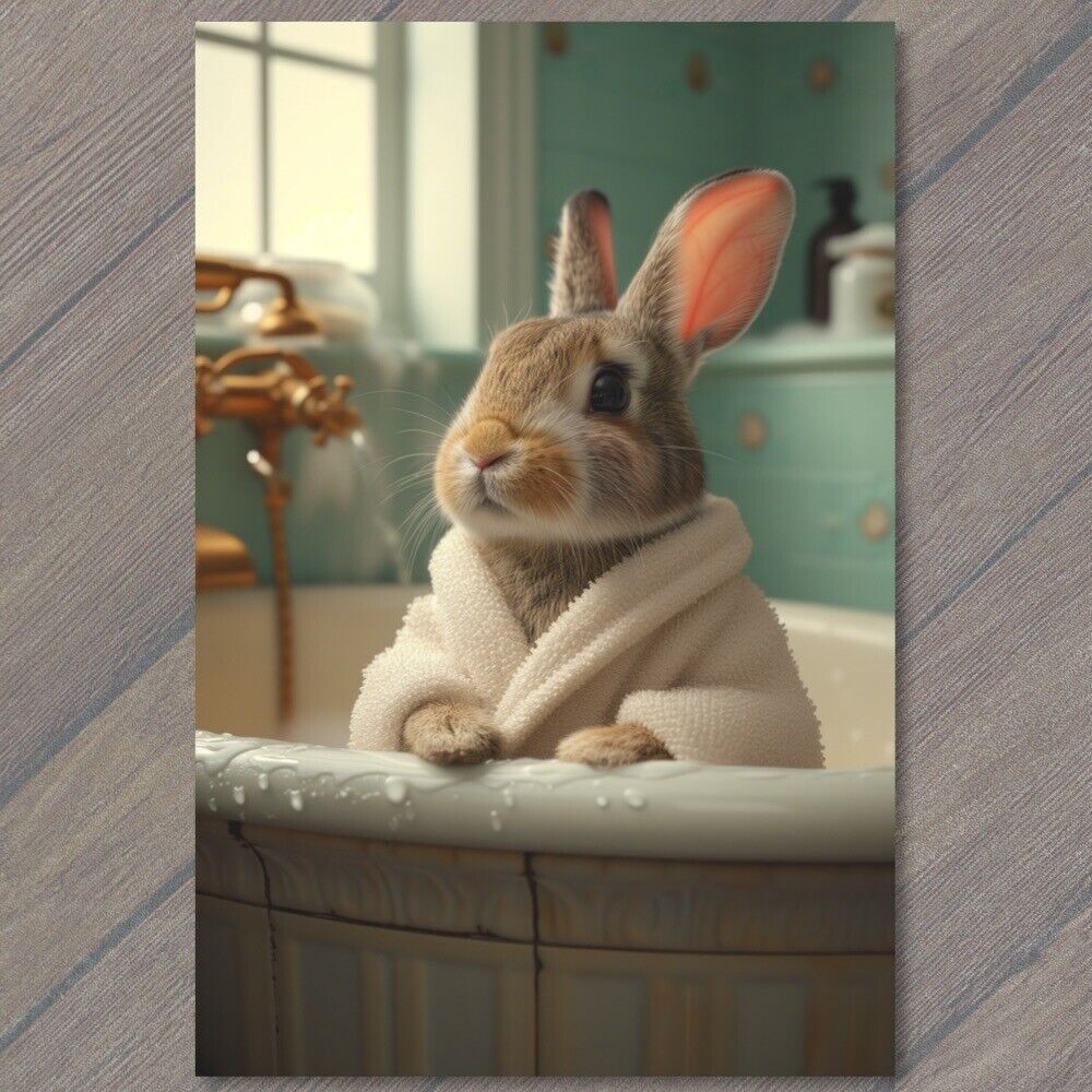 POSTCARD Bunny Rabbit Robe In Bath Bathrobe Bathroom Cute Shower Clean Robe