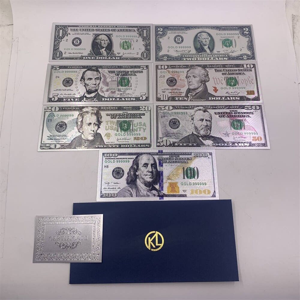 7pcs/lot 1/2/5/10/20/50/100 US Dollar Silver Foil Banknote Home Decoration