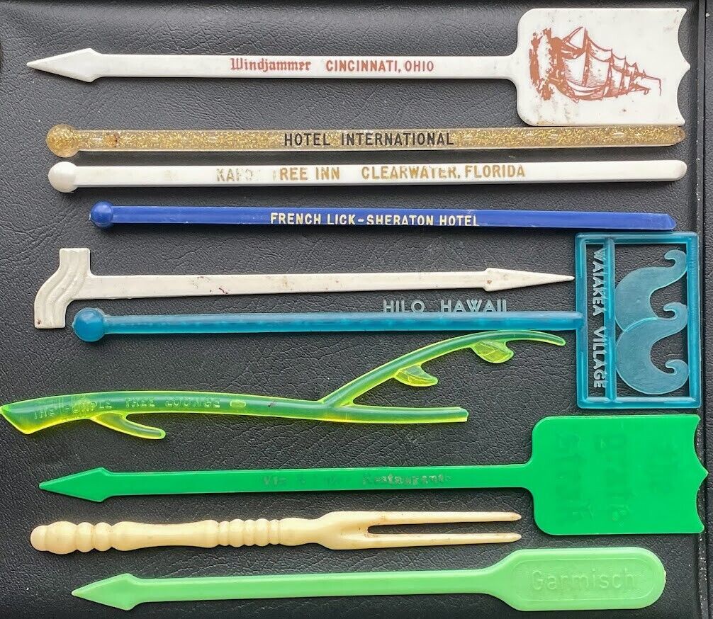 Vintage Plastic Swizzle Stick LOT OF 10 Mixed Drink Stirs Hotel Advertising Stir