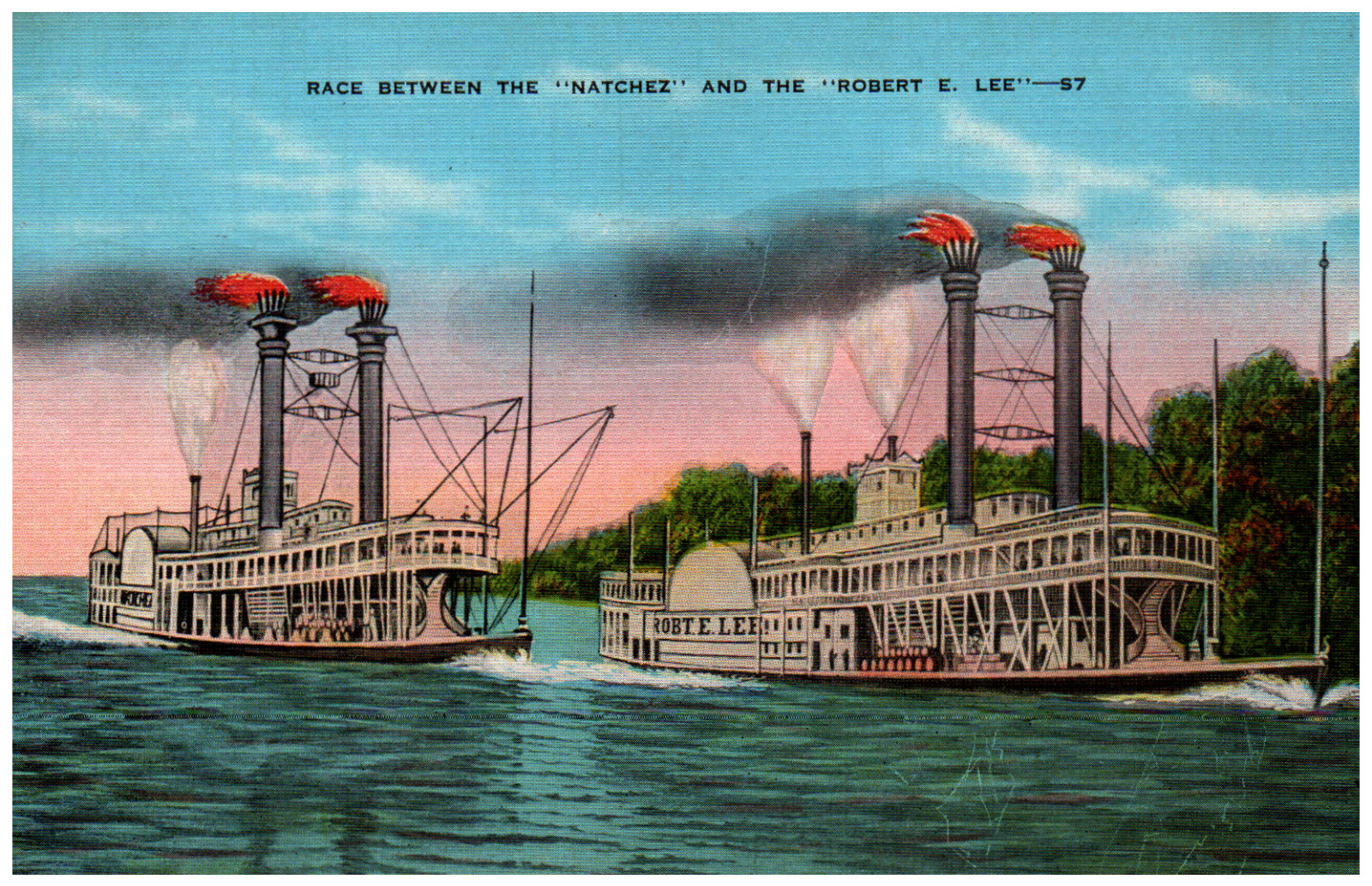 Postcard Linen Steamboat Race Natchez and Robert E. Lee New Orleans LA