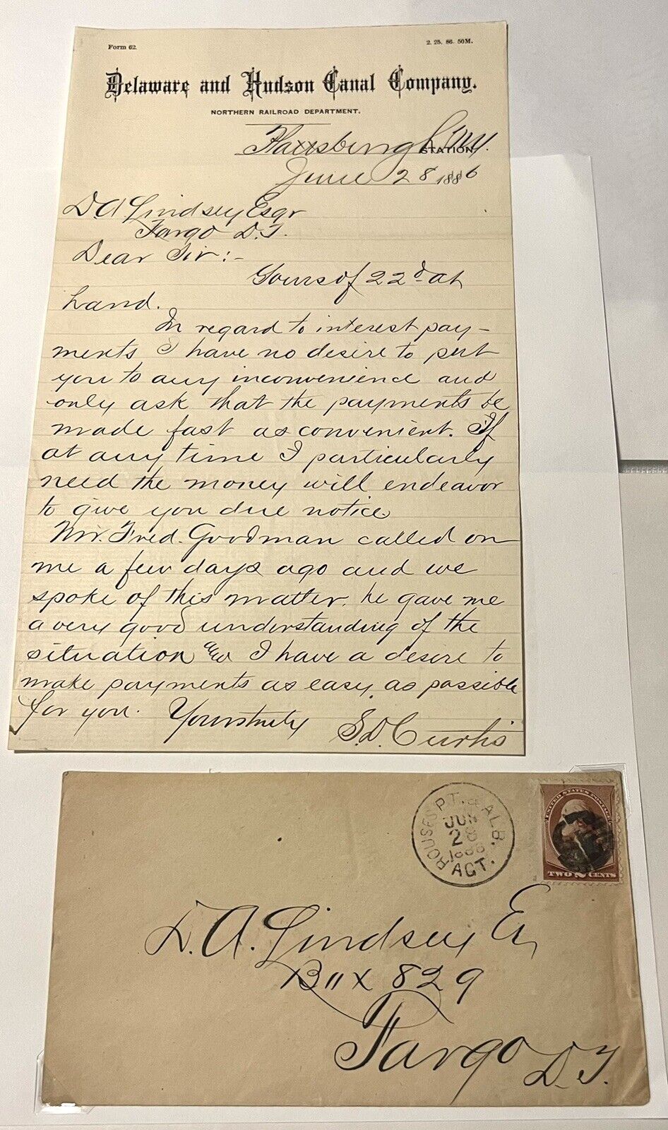 1886 Delaware & Hudson Canal Co Letter & Posted Envelope Northern RR Department