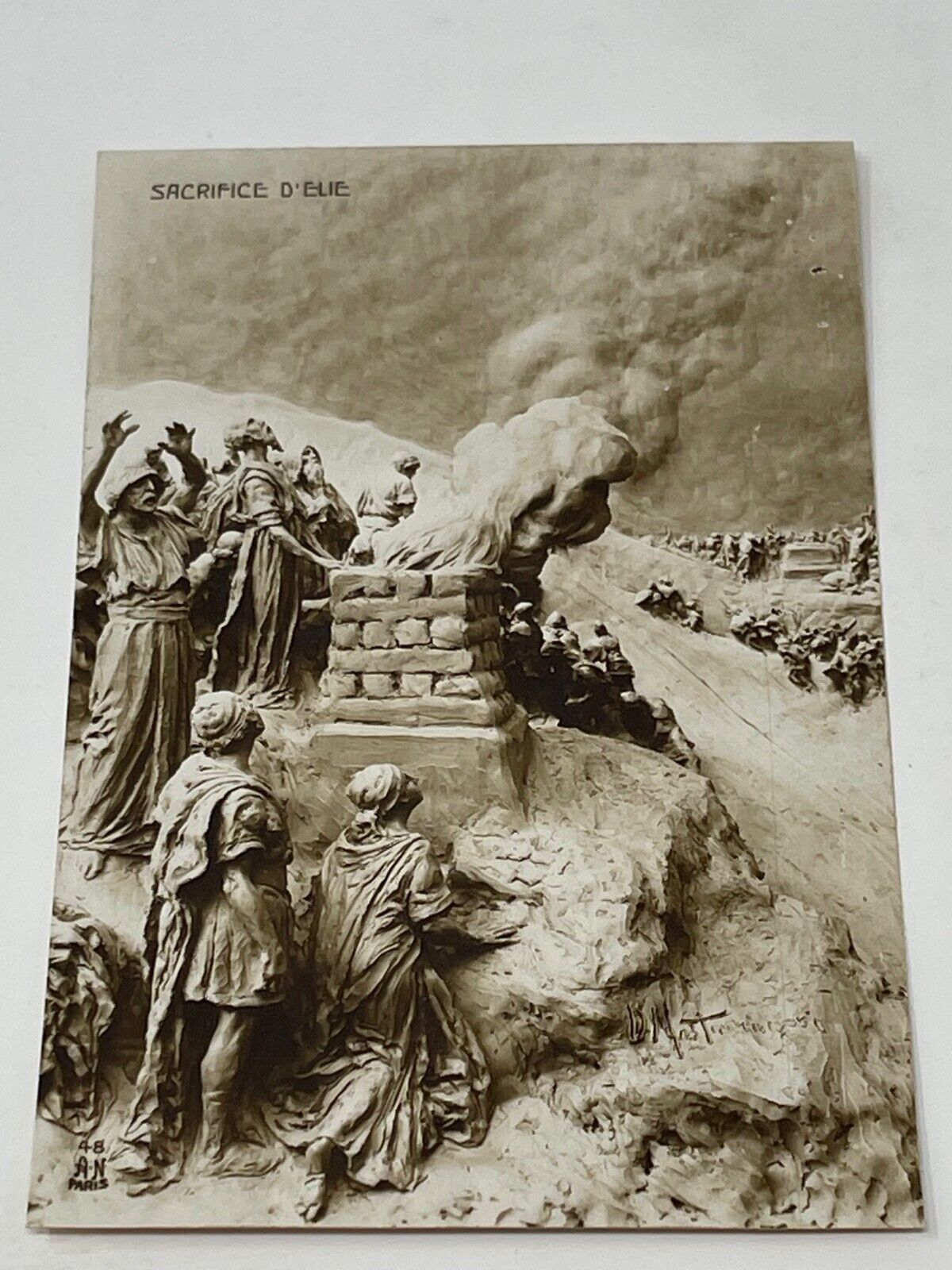 Vintage-'Elijah and the false Prophet' Carvings of Biblical Scenes PostCard(#48)