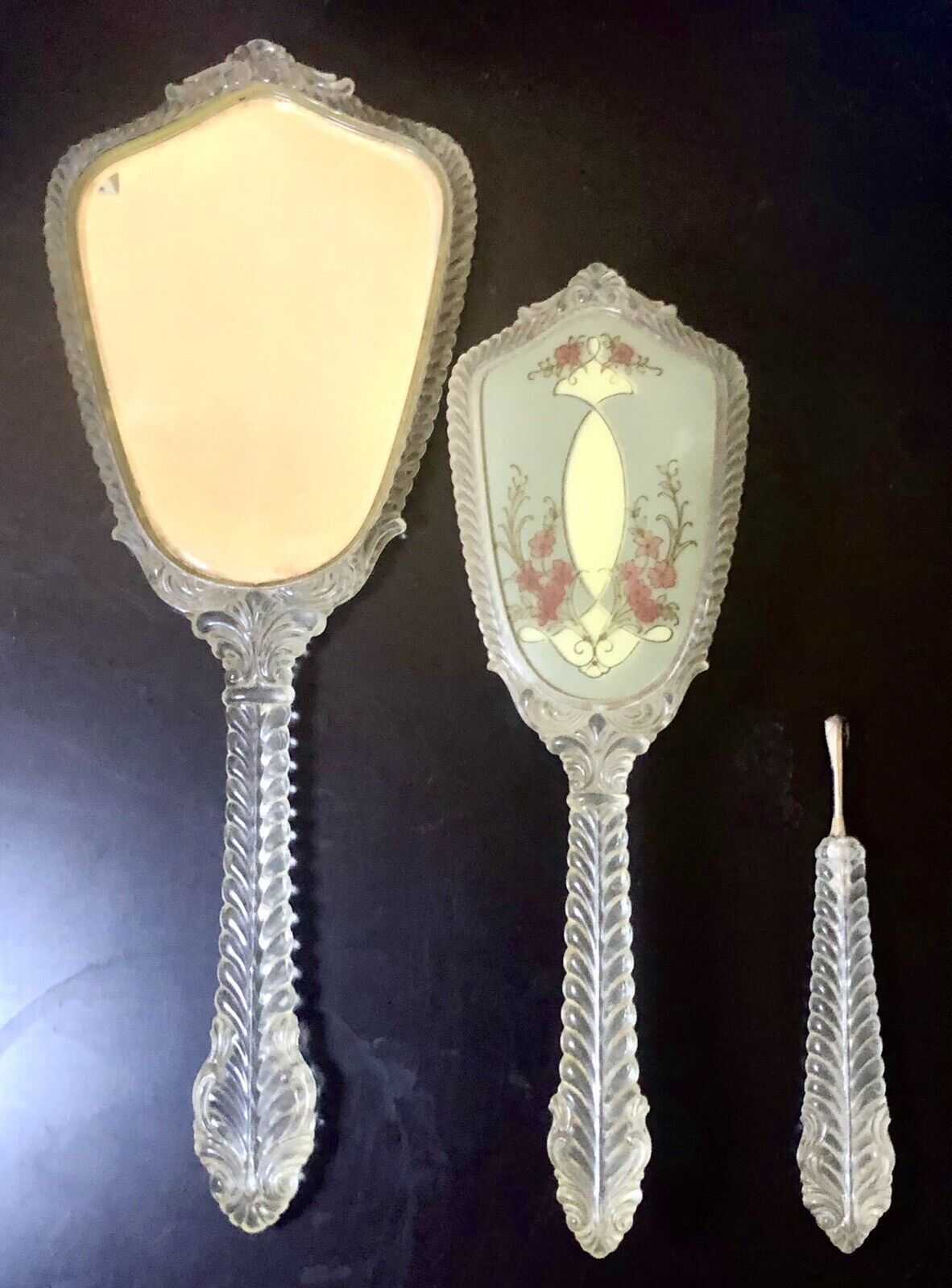 Vintage Clear Lucite Pink Floral & Blue Vanity Set-Mirror/Brush/Cuticle Pusher