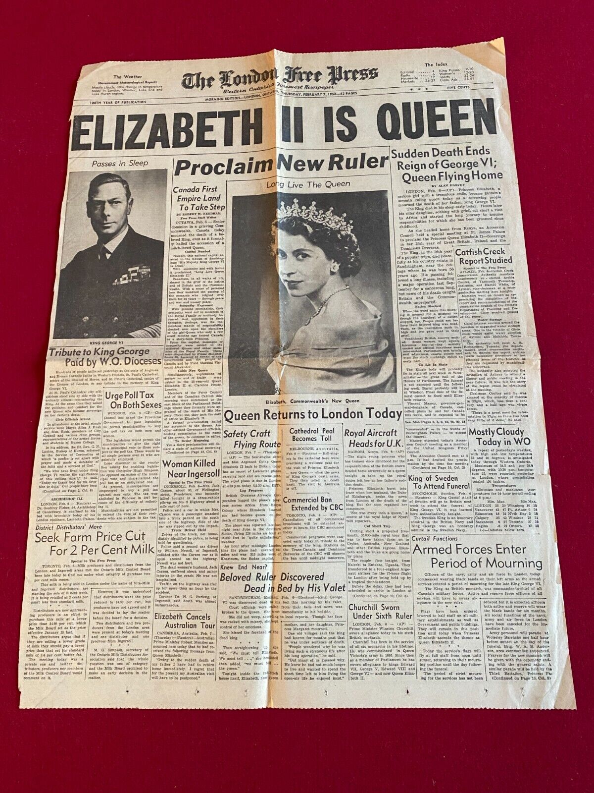 1952, Queen Elizabeth II, London Free Press Newspaper (Scarce / Vintage)