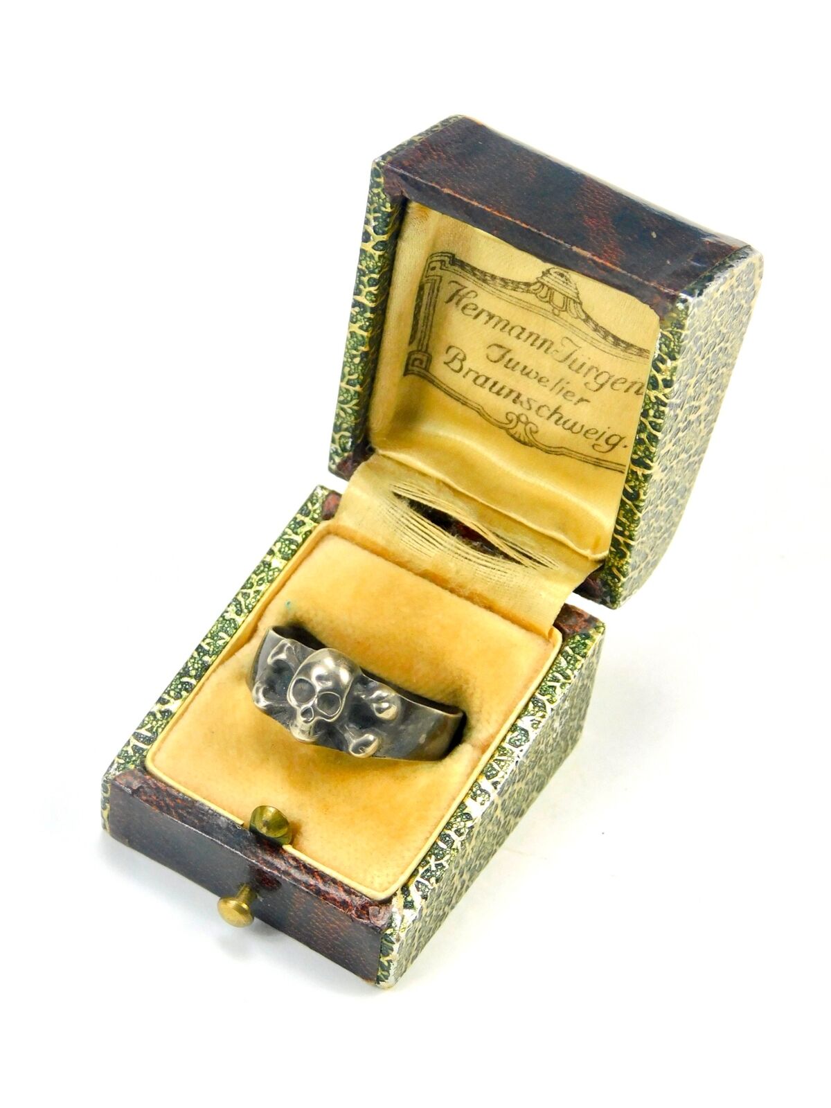 German Germany Antique WW1 Sterling Silver 800 Skull & Bones Ring Jewelry w/ Box