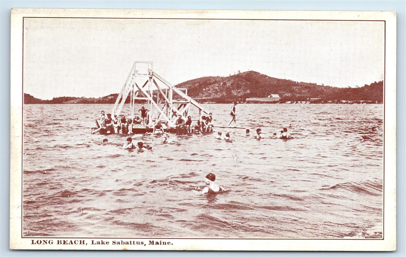 Postcard Long Beach, Lake Sabattus, Maine dock slide J180