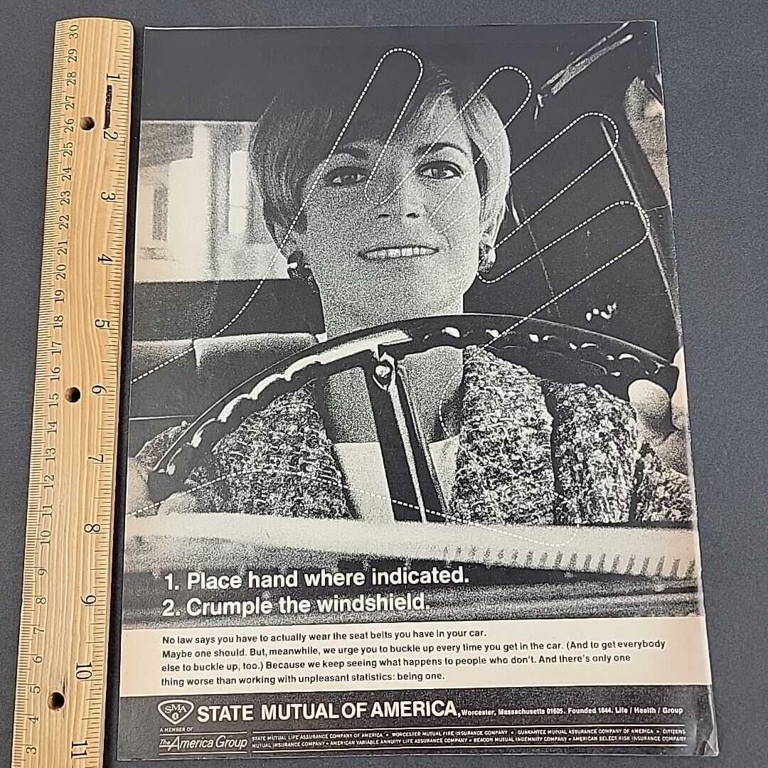 Vtg 1968 Print Ad State Mutual of America Car Insurance Crumple Windshield