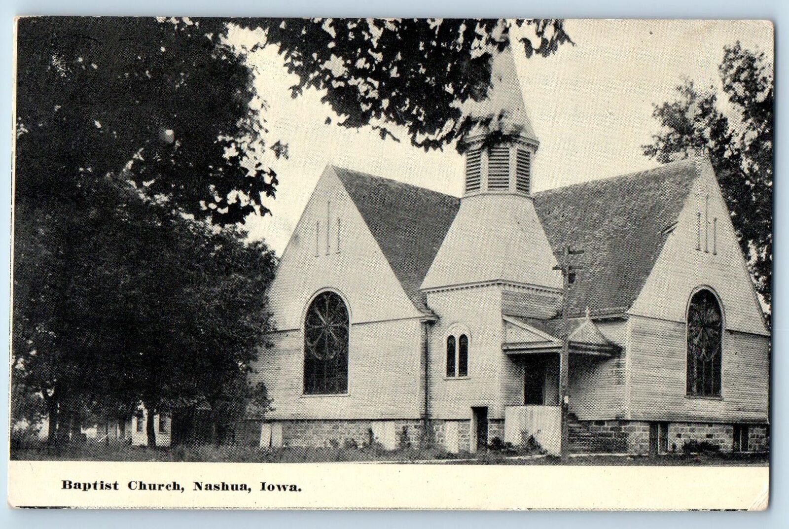 c1920's Baptist Church Building Tower Trees Facade Nashua Iowa Vintage Postcard