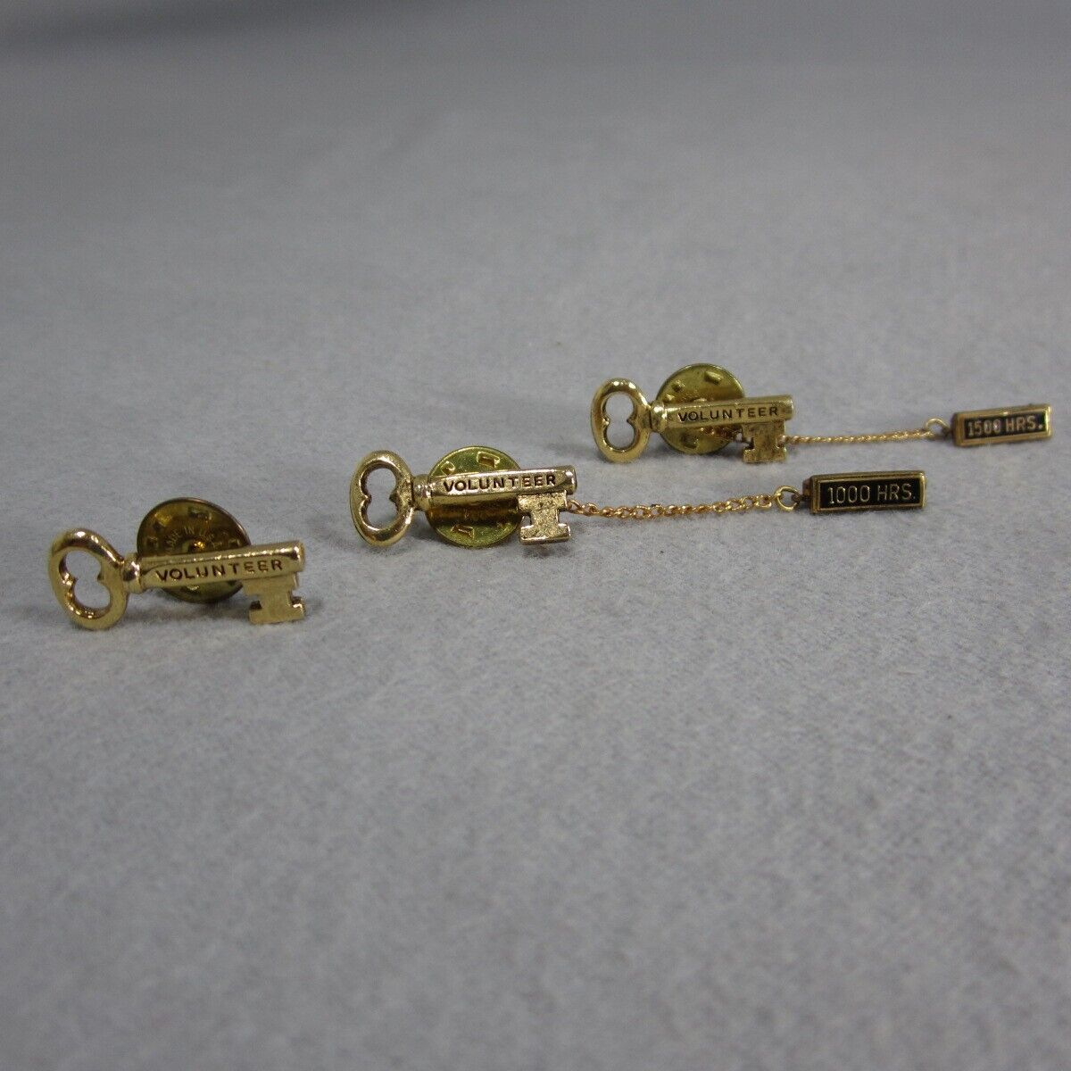 Lot of 3 Key Shaped Volunteer Lapel Pins - 1000 & 1500 House - Goldtone & Enamel