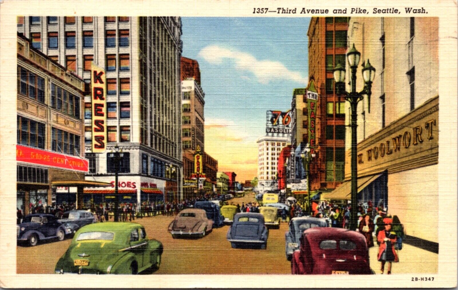 Linen Postcard Third Avenue and Pike in Seattle, Washington