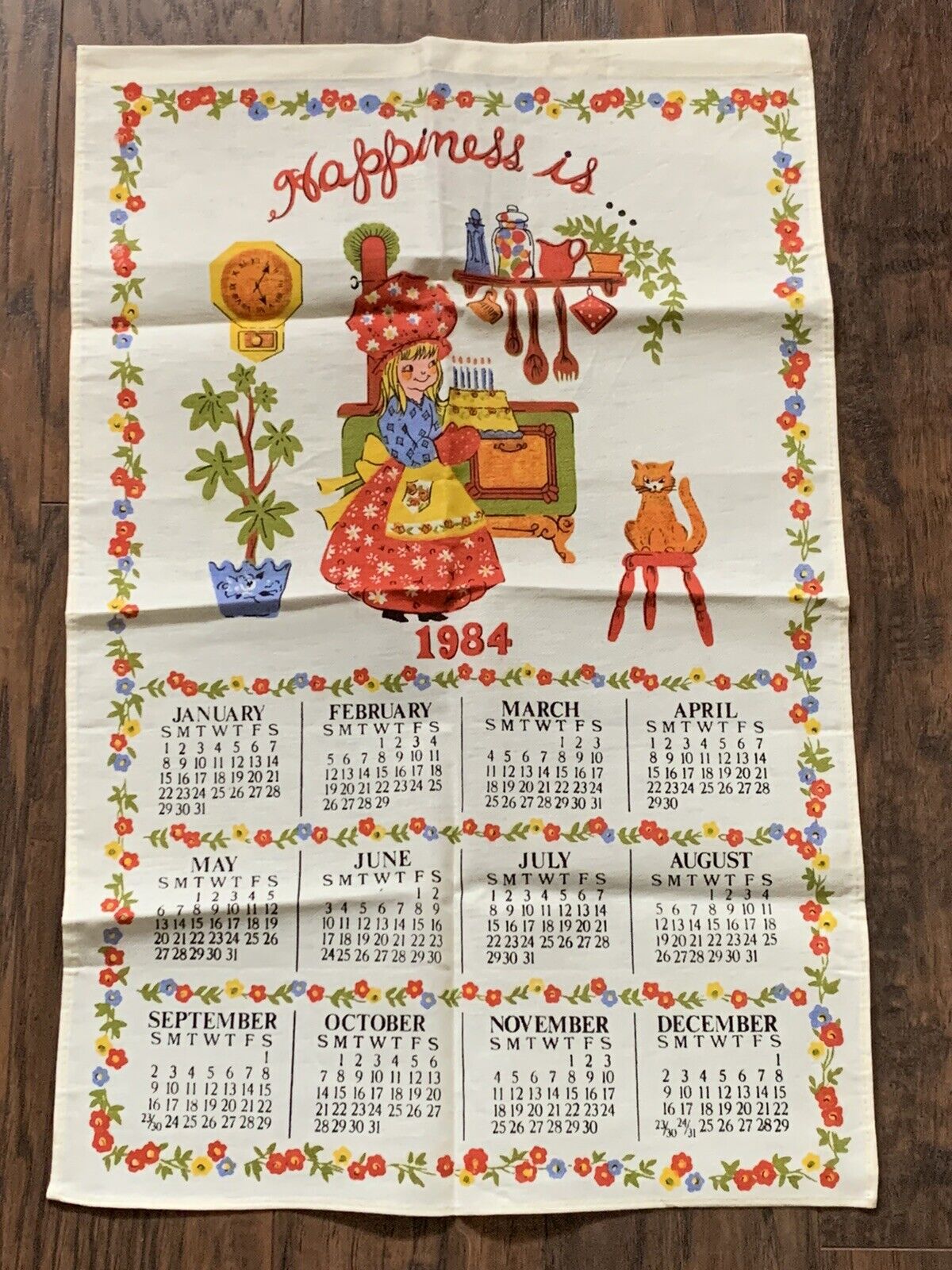 Vintage 1984 Calendar Tea Towel Girl Cat Birthday Cake “Happiness Is”