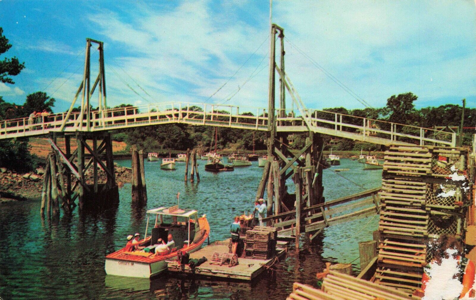 Postcard Perkins Cove, Ogunquit, Maine - Fishermen, Lobstermen, Drawbridge, Boat