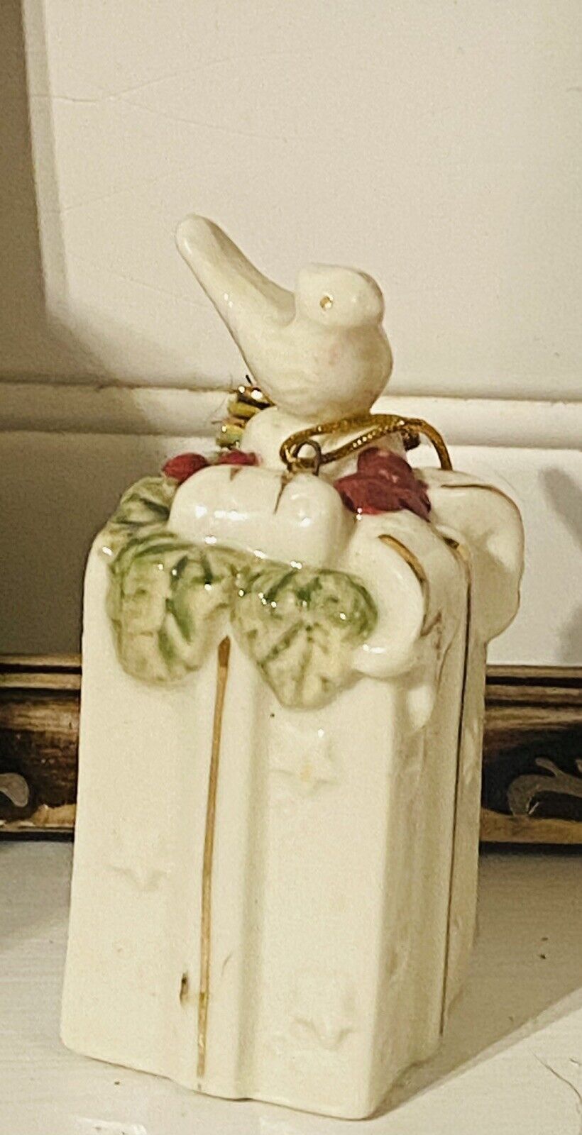 Vintage 1990s Lenox Porcelain Gift Box Ornament With Bird And Hollyberries