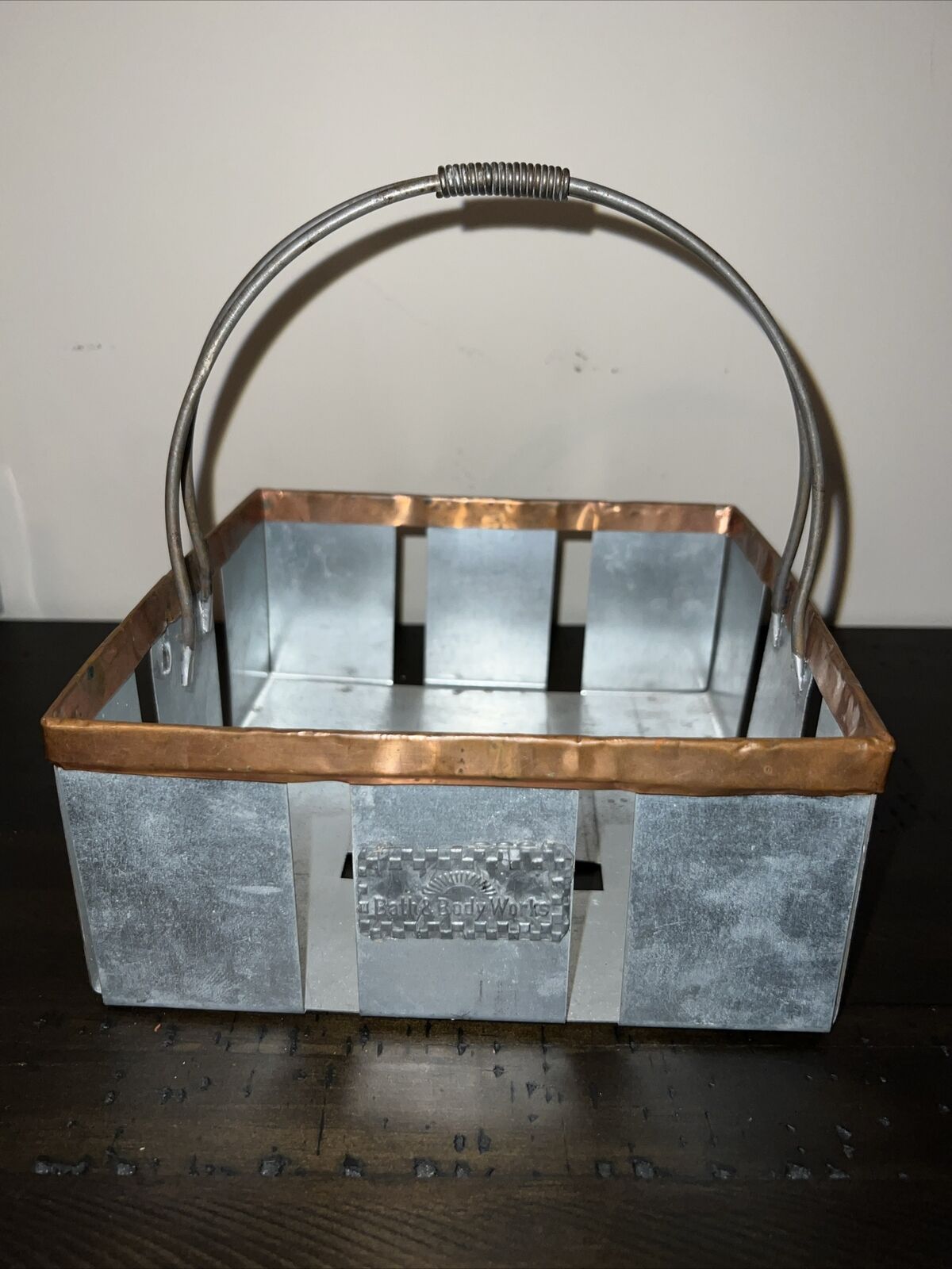 VTG Bath & Body Works Rectangular Woven Tin Metal Basket W/ Handle 7.25” x 7.25”