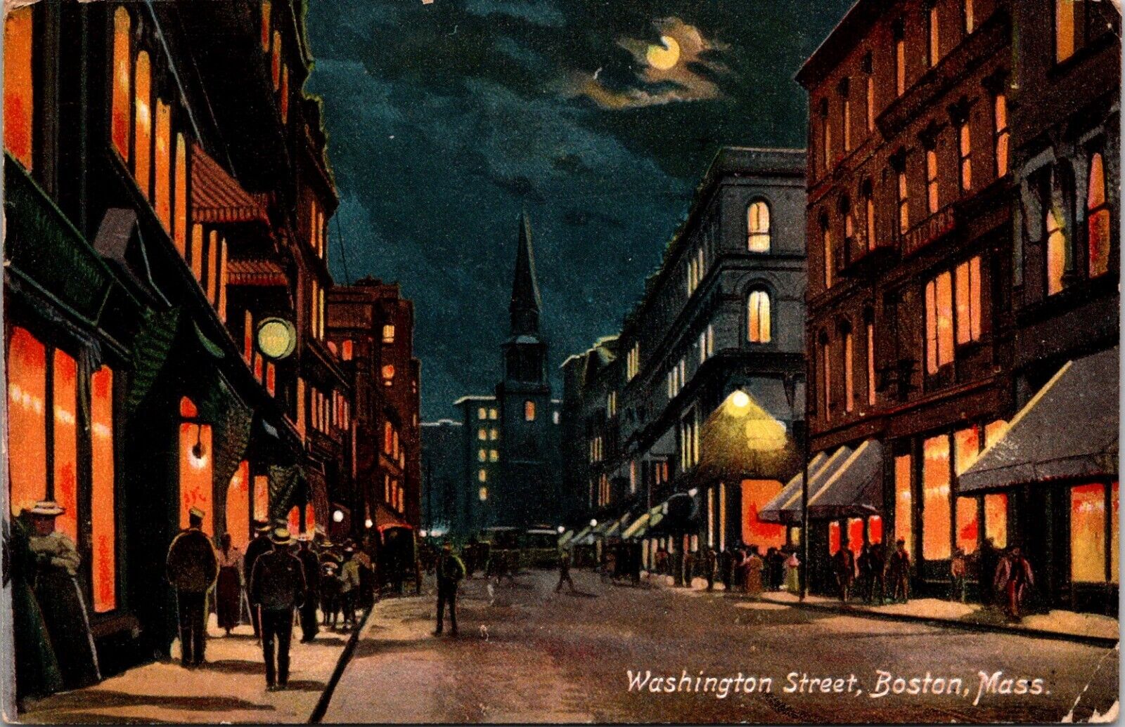 Washington Street Boston MA Postcard 1908 Postmark People Night Street Scene