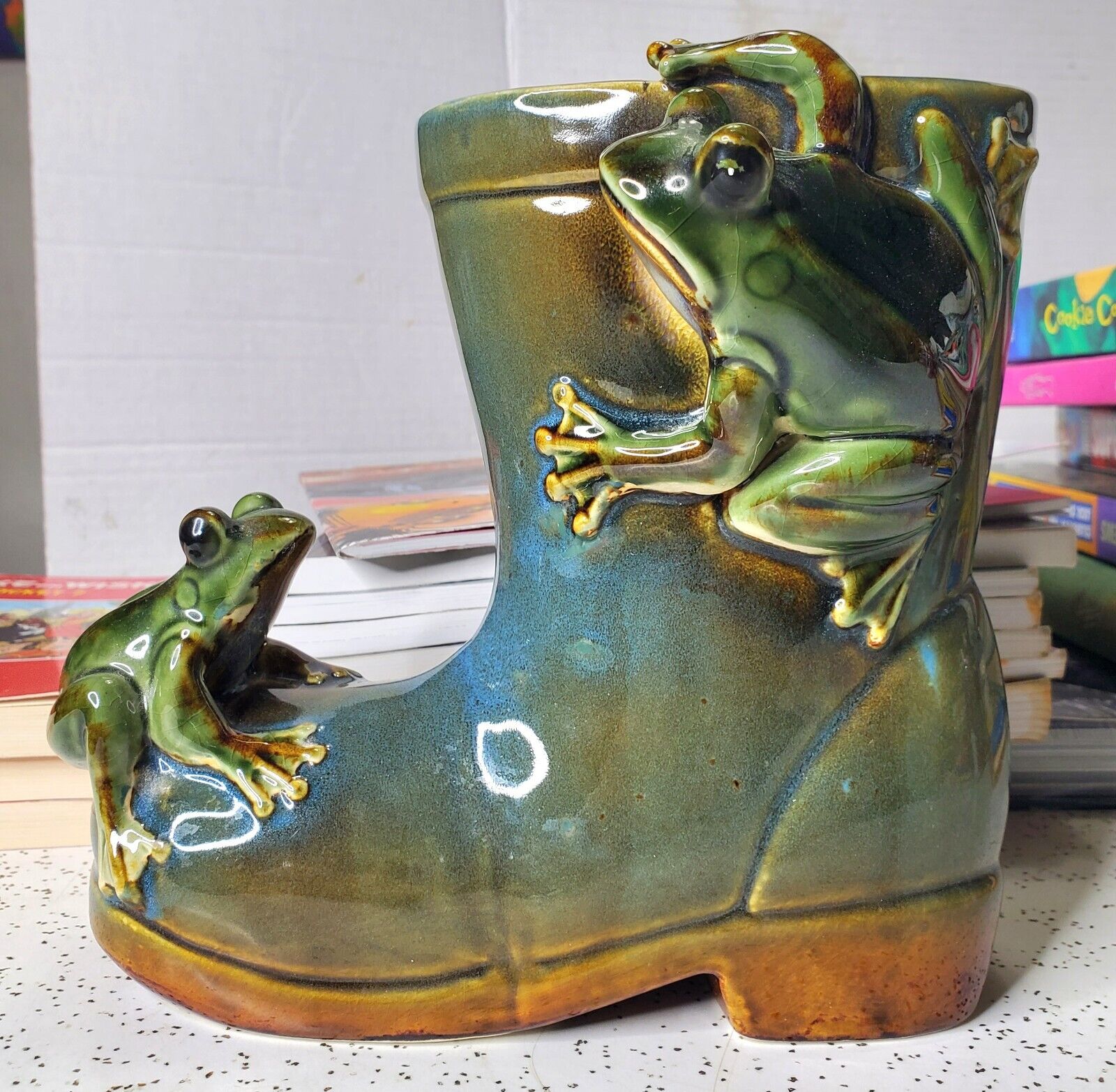 Frogs On Boot Flower Pot Sculpture Ceramic Planter very nice piece 7 X 7