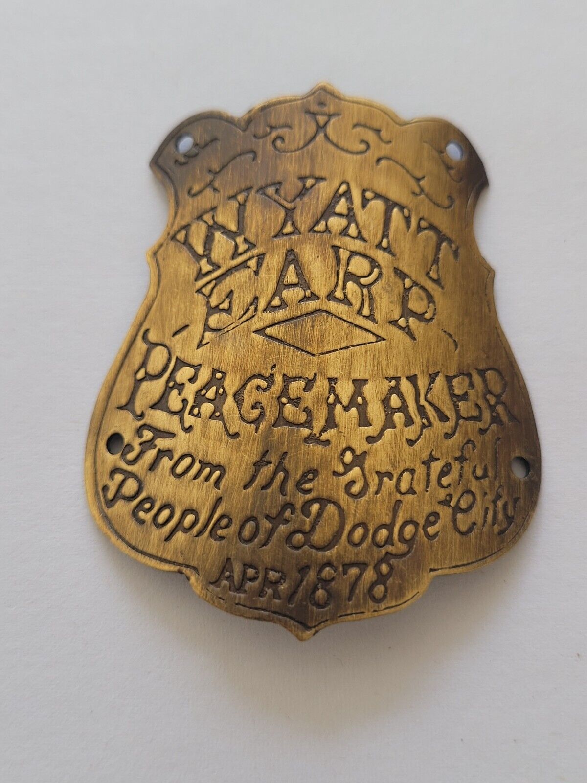 Collectable Brass Wyatt Earp Peacemaker Dodge City 1878 Gun Butt Tag Badge