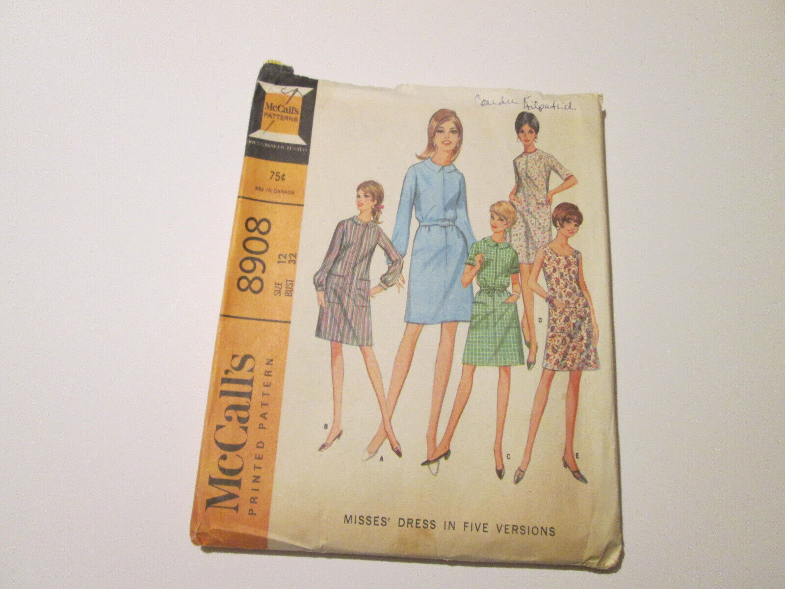 Vtg McCall’s Pattern #8908 Misses Dress Five Versions Size 12 CUT 1967