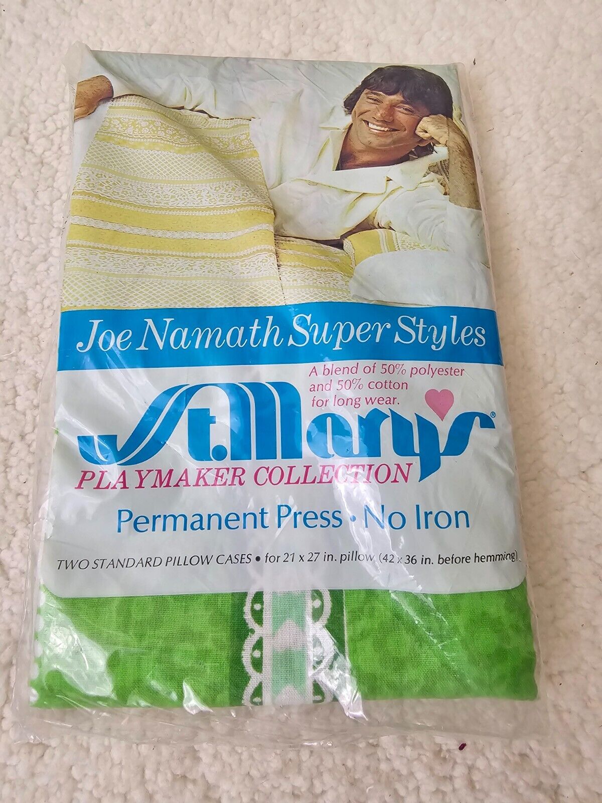 Vintage NOS St. Mary's Playmaker Collection Joe Namath Super Styles Pillowcases