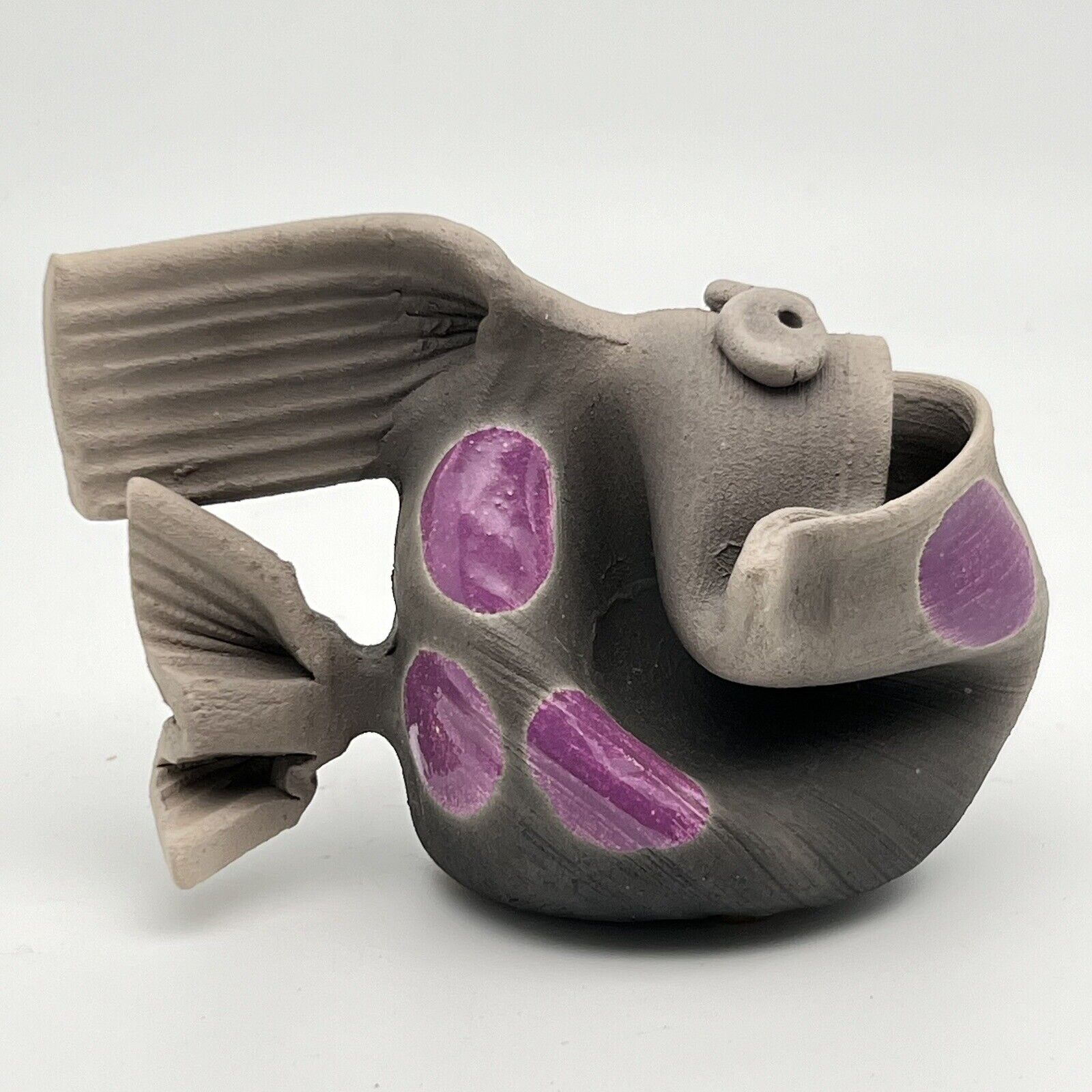 Vtg Rick Ellsworth Art Pottery Fish Raku Purple Polka Dot Signed & Dated Ocean