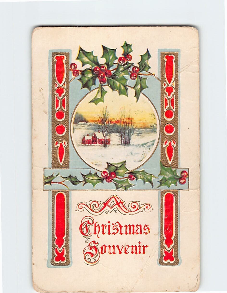 Postcard A Christmas Souvenir with Hollies Embossed Art Print