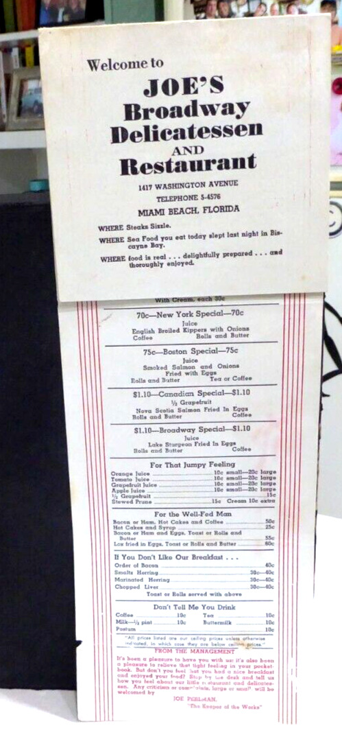 1940's Joe's Broadway Miami Beach FL Menu Restaurant Delicatessen