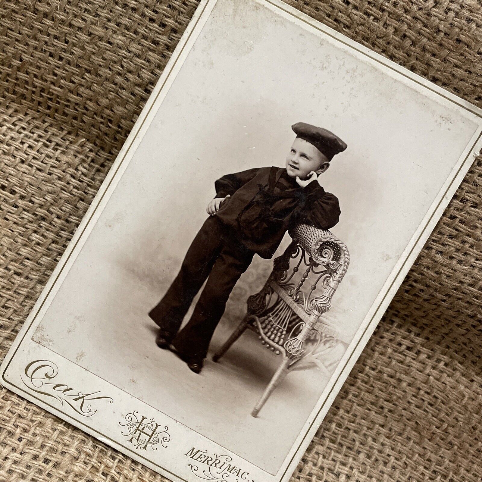 Vintage Cabinet Photo Victorian Young Boy Sailor Suit 1890\'s Merrimack MA HC Oak