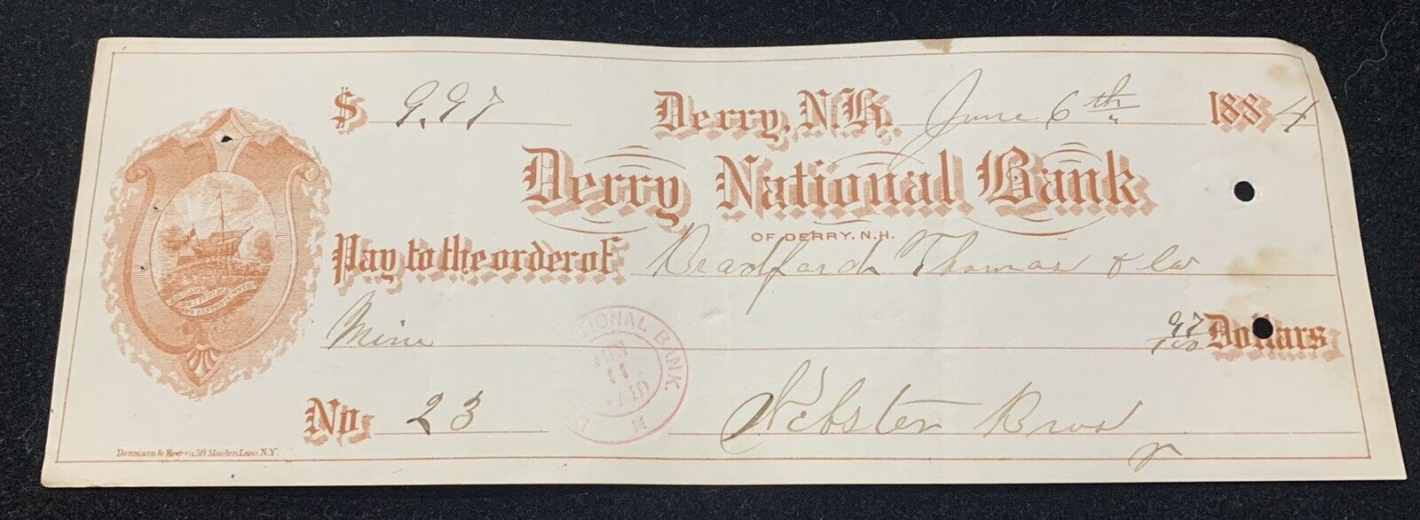 Vintage 1884 Derry New Hampshire Cancelled Check