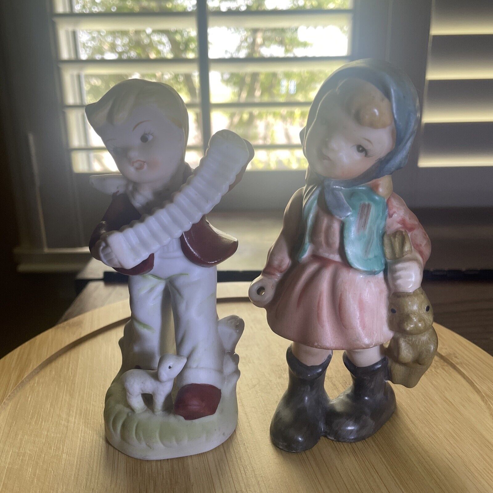 Vintage Bisque Boy with Accordion and Lamb,Girl With Rabbit 5”-5 1/2” figurines.